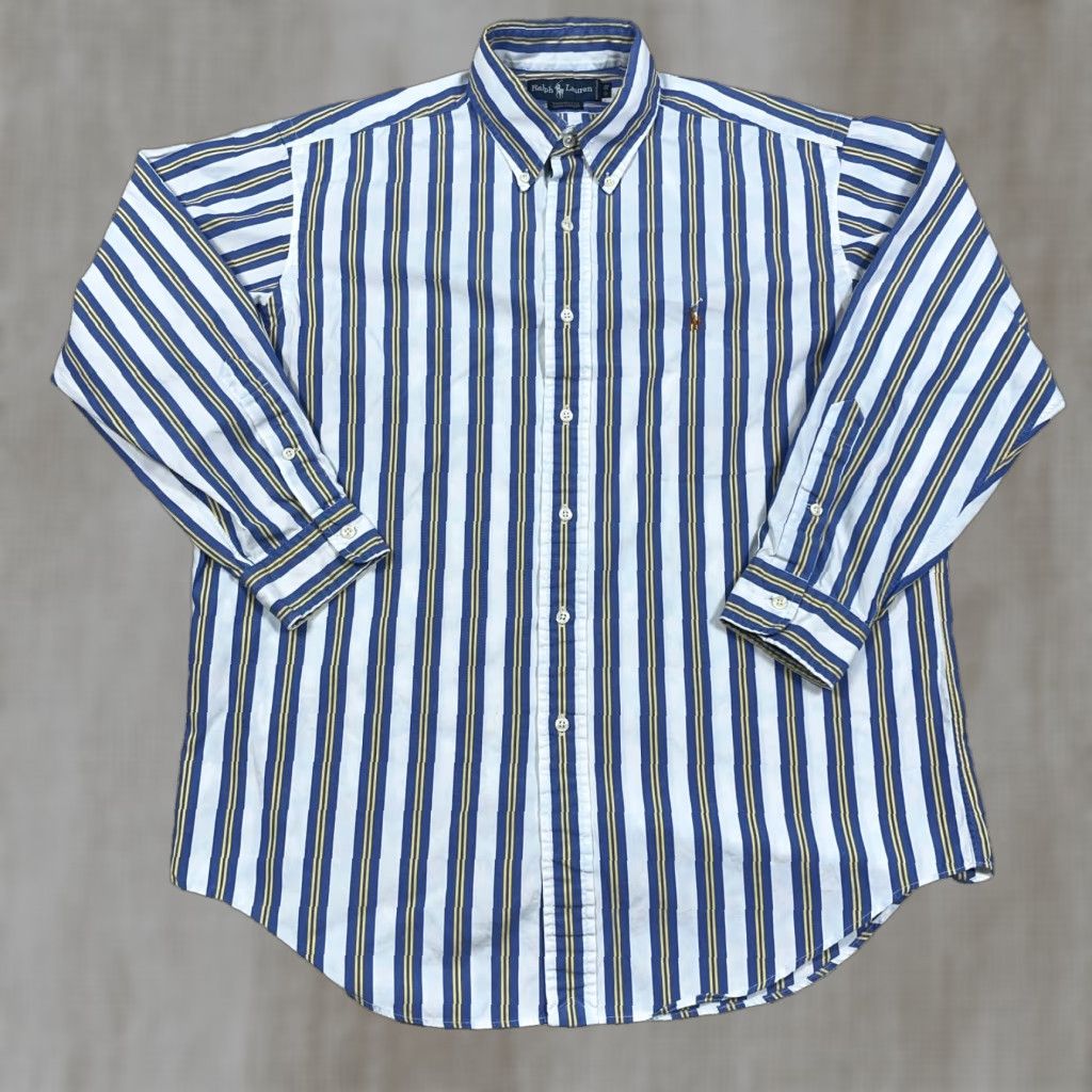 Ralph Lauren Ralph Lauren Button-Up Shirt Mens L Blue Yellow Striped Cotton Oxford Decorative Logo Button-Down Linen? Size US L / EU 52-54 / 3 - 1 Thumbnail