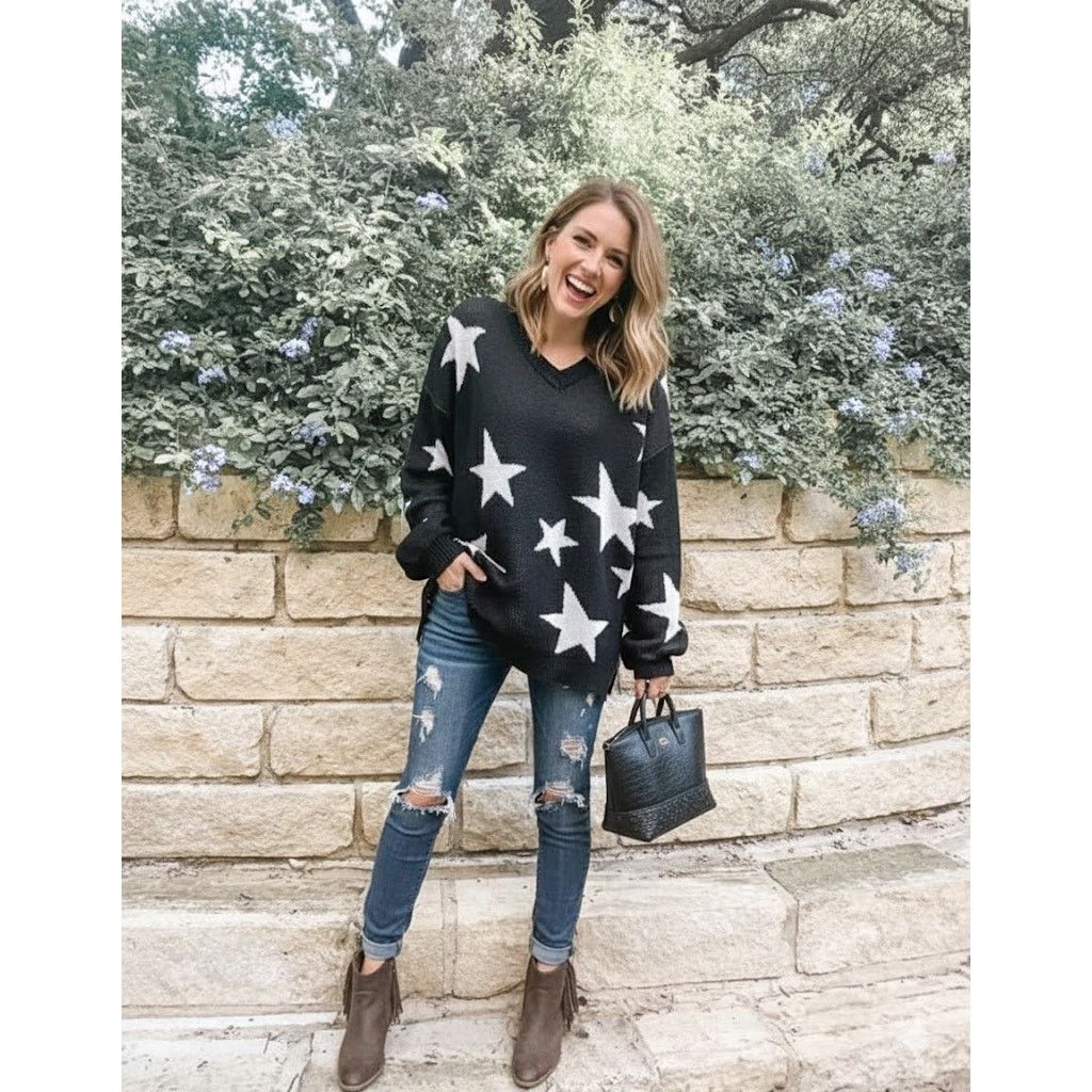 Other Boutique Star Pattern V-Neck Lantern Sleeve Sweater Size M / US 6-8 / IT 42-44 - 1 Thumbnail