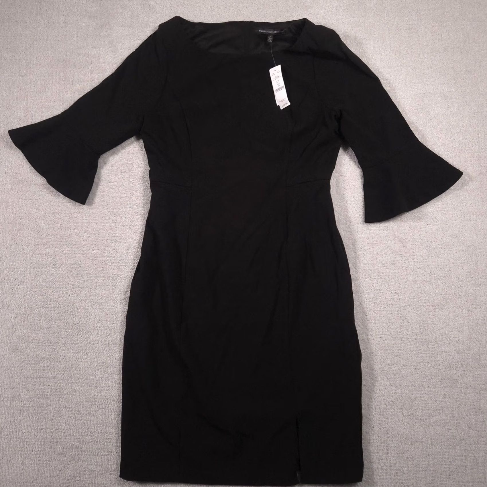 White House Black Market VINTAGE White House Black Market Dress Womens 14 Black Ruffle Bell Sleeve Sheath Lined