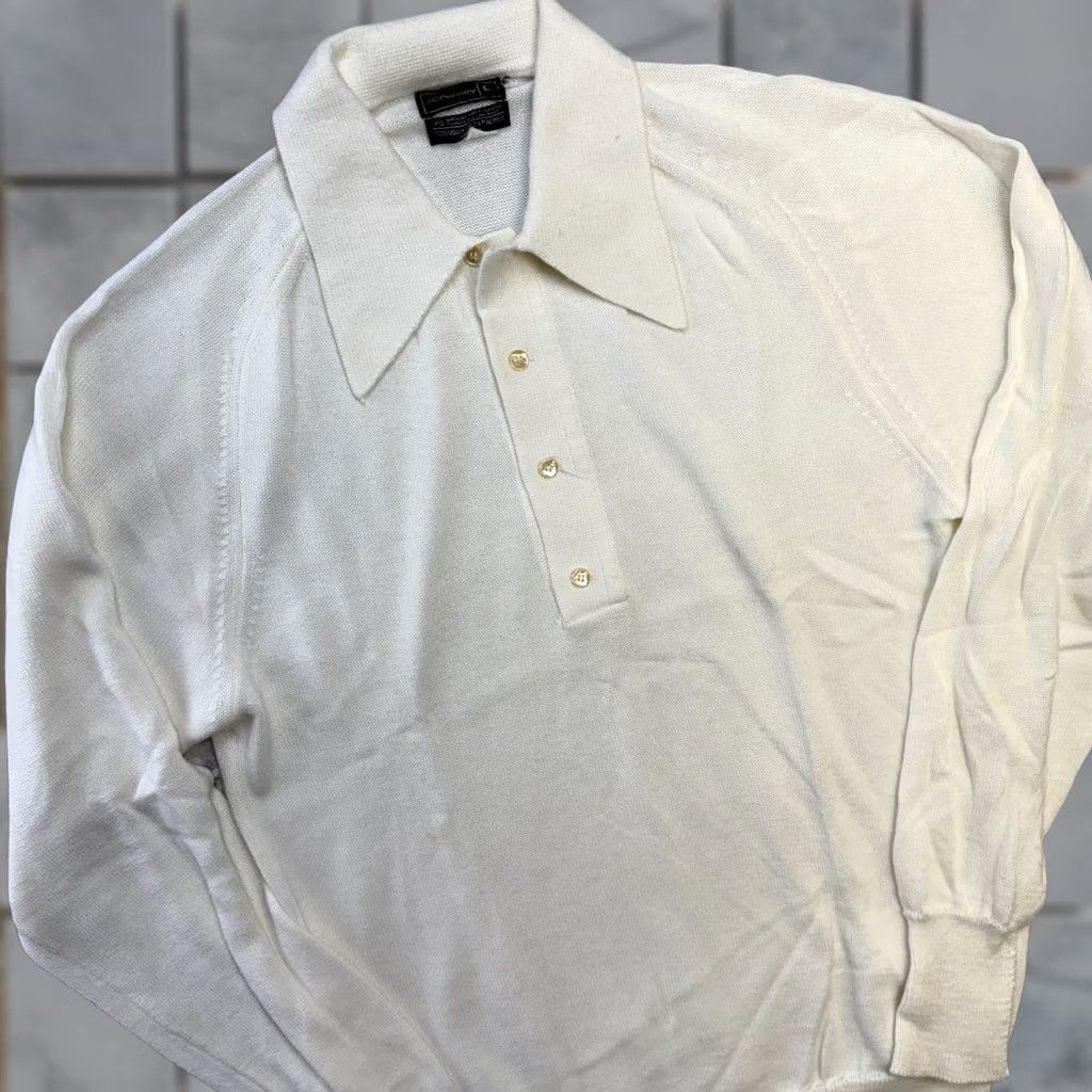 Vintage VINTAGE J. C. Penney Knit Polo Shirt Men LT Large Ivory Cream 70s 80s Dagger Collar Polo Size US L / EU 52-54 / 3 - 1 Thumbnail