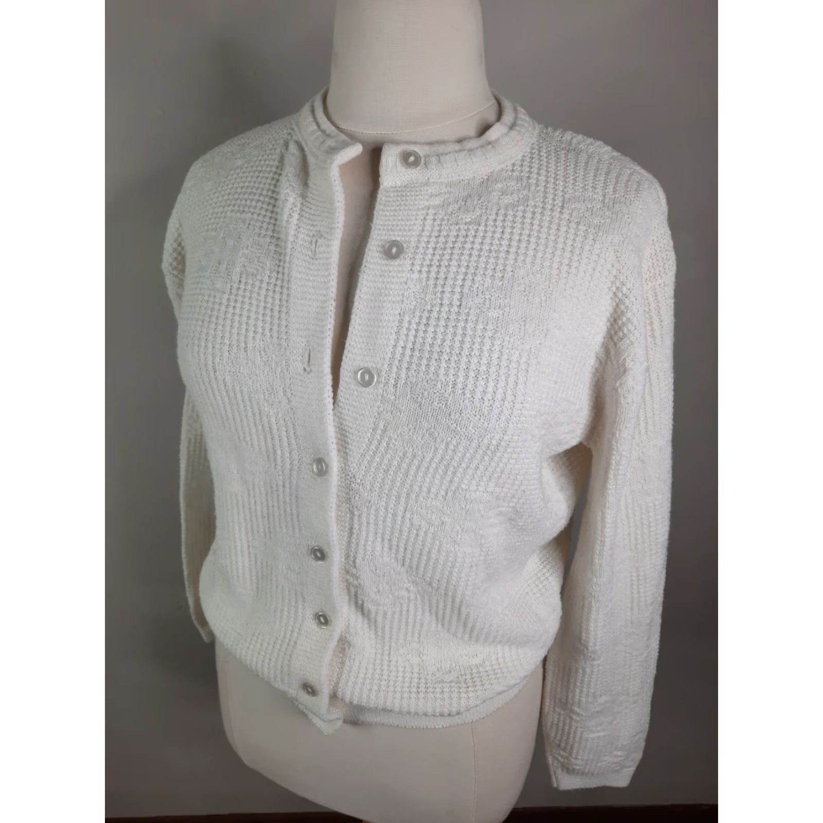 Vintage VINTAGE S5C 60s White Cardigan Sweater Women's XL Knit Open Cable- Knit 60s Cottagecore Casual Cardigan Women Size XL / US 12-14 / IT 48-50 - 3 Thumbnail