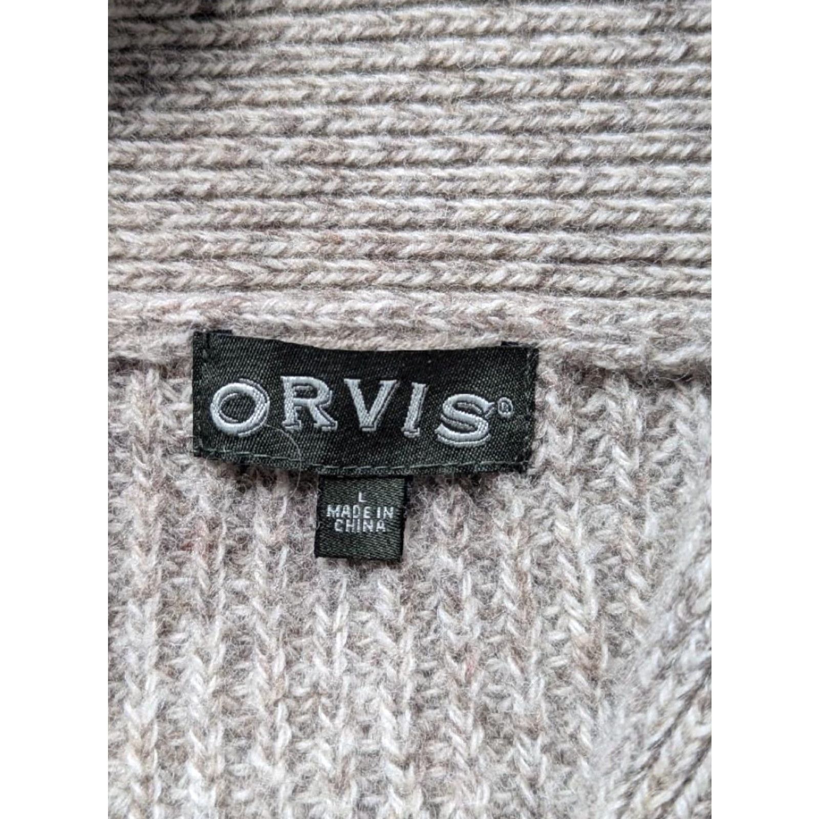 Orvis VINTAGE ORVIS chunky knit WOOL cardigan Sweater L Tan Gray Mens - Men's Wool Cardigan with Leather Patch, Long Sleeve Size US L / EU 52-54 / 3 - 7 Thumbnail