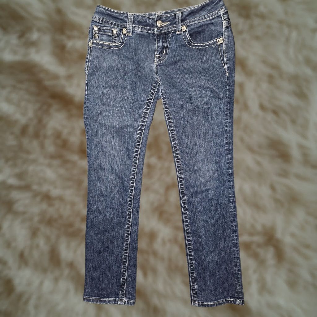 Miss Me Miss Me Jeans Womens 28 Cropped Skinny JE5758Y3 Embellished Rhinestone Sequin Embroidered Logo Patch Denim Jeans Blue 5-Pocket City Glam Womens Size 28" / US 6 / IT 42 - 1 Thumbnail