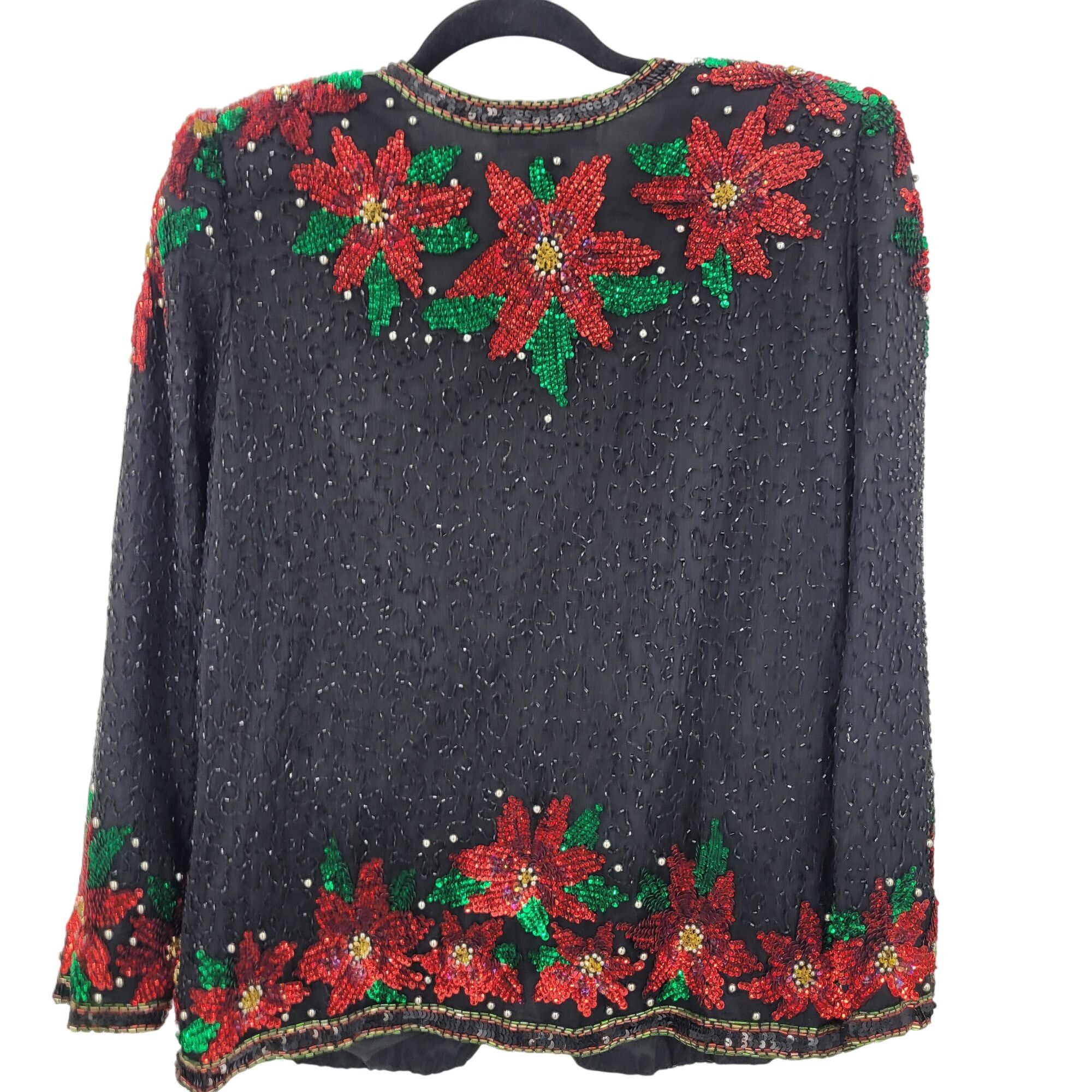 Vintage Vtg 80s Black Silk Red Poinsettia Beaded Jacket Cardigan Sz Size S / US 4 / IT 40 - 2 Thumbnail