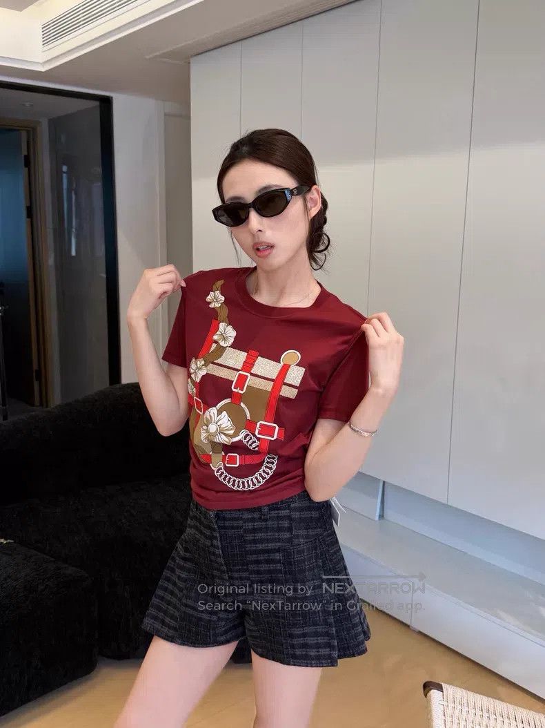 Hermes Hermes Women's Printed Slim Fit Short Sleeve T-Shirt Red Size XS / US 0-2 / IT 36-38 - 7 Thumbnail