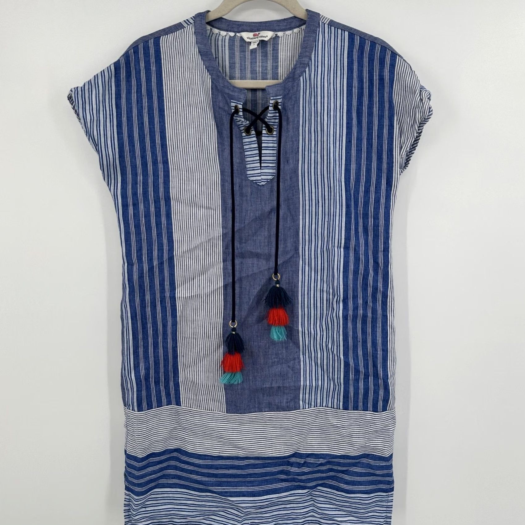 Vineyard Vines VINEYARD VINES Dress Womens 0 Blue White Striped Linen Tassel Boho Tunic Summer Shirt Dress Beach Resort Bohemian Cap Sleeve V-Neck Casual Womens Size XS / US 0-2 / IT 36-38 - 2 Thumbnail