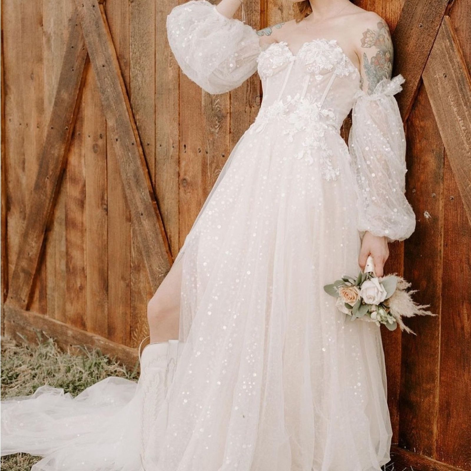Anthropologie Sparkle Sheer Lace Sleeve Corset Wedding Dress Bridal Gown Size XL / US 12-14 / IT 48-50 - 10 Thumbnail