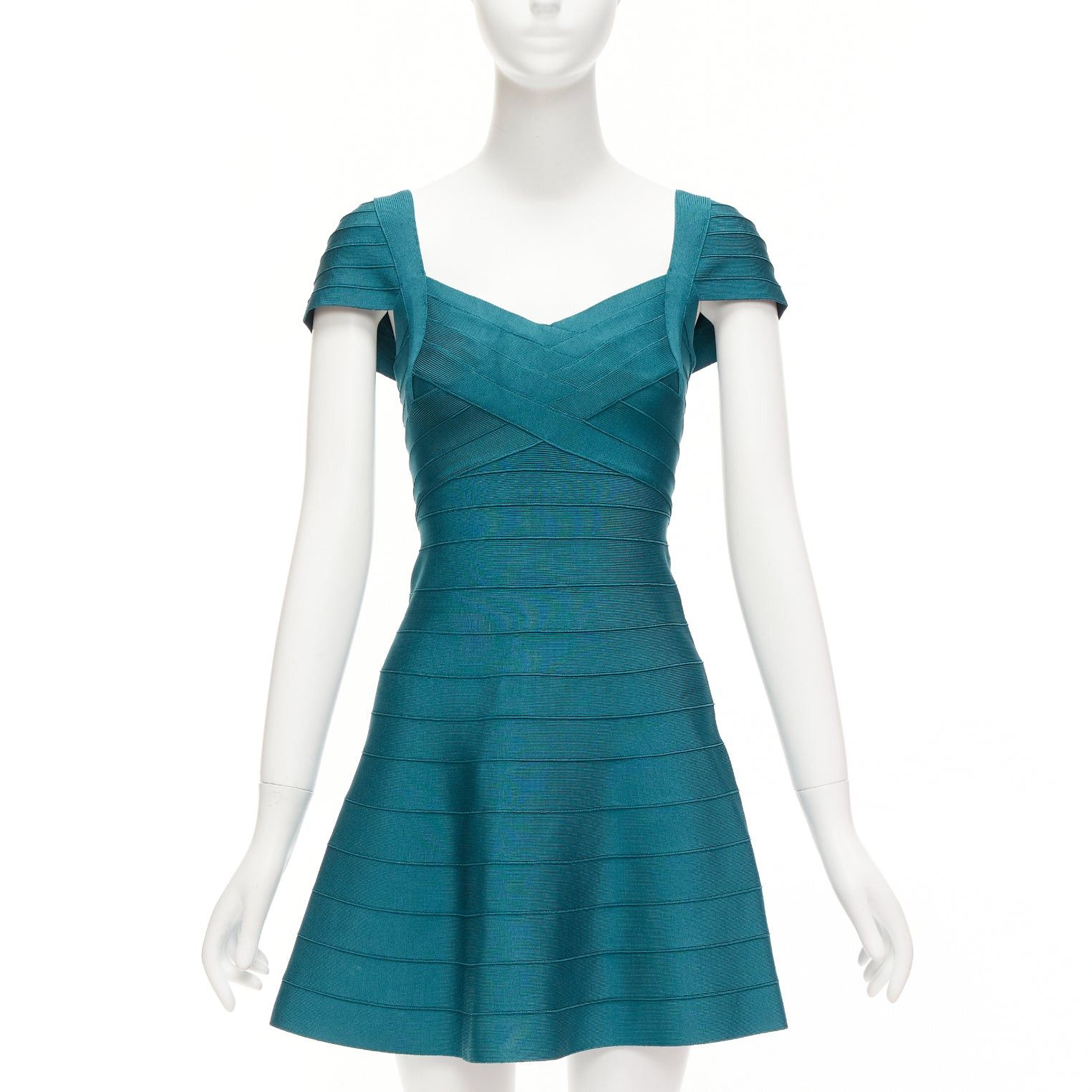 Herve Leger HERVE LEGER teal green cap sleeve sweetheart fit flare bandage dress S Size S / US 4 / IT 40 - 1 Thumbnail