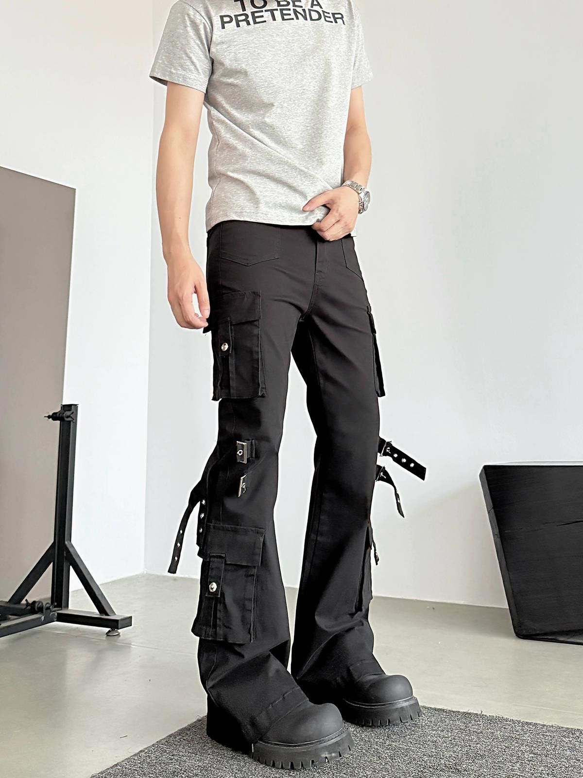Other Black Flared Cargo Pants with Straps, Utility Style Size US 32 / EU 48 - 2 Thumbnail