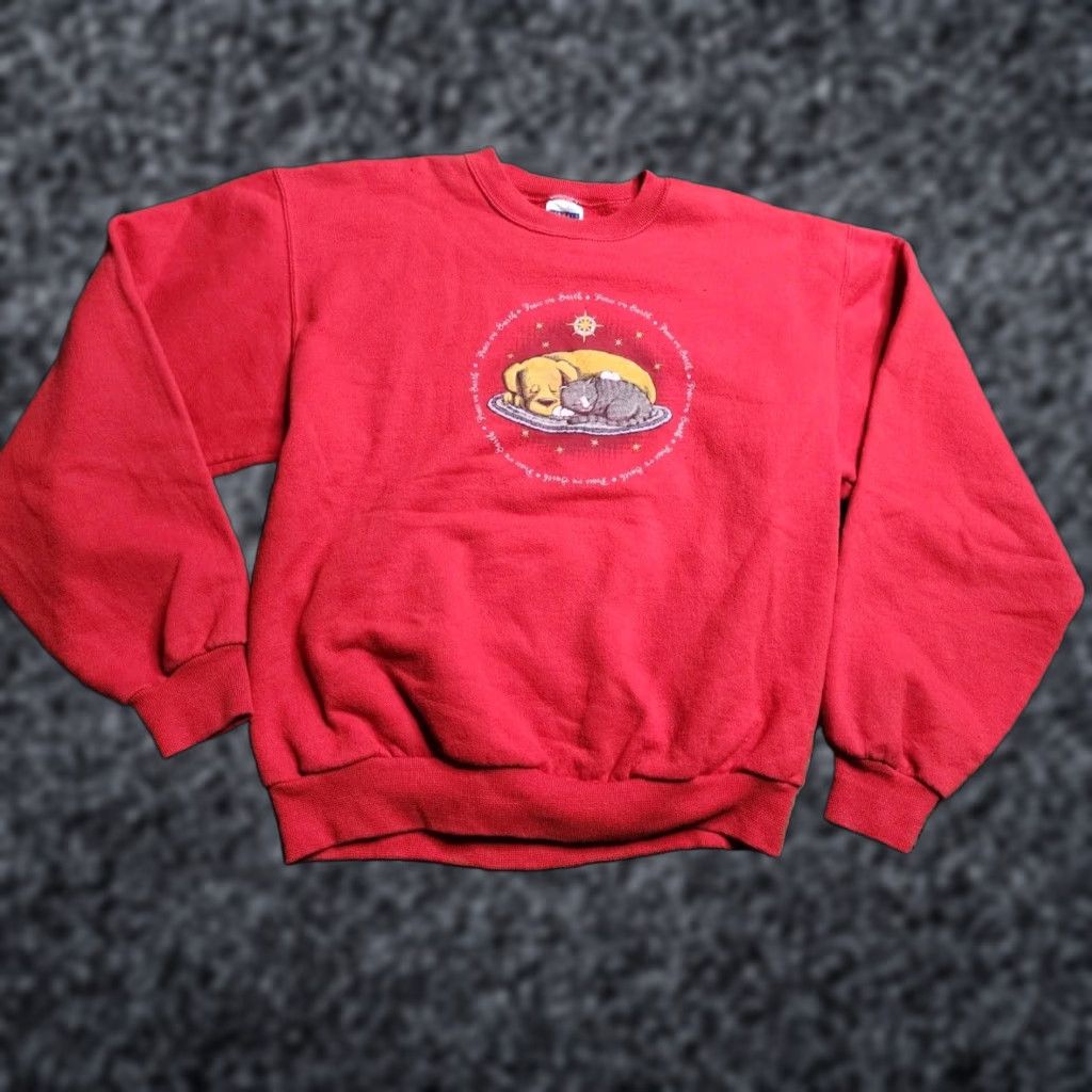 Jerzees VINTAGE 90s JERZEES Crewneck Sweatshirt Red Peace On Earth Design Unisex Adult Small Cotton Blend Size US S / EU 44-46 / 1 - 1 Thumbnail