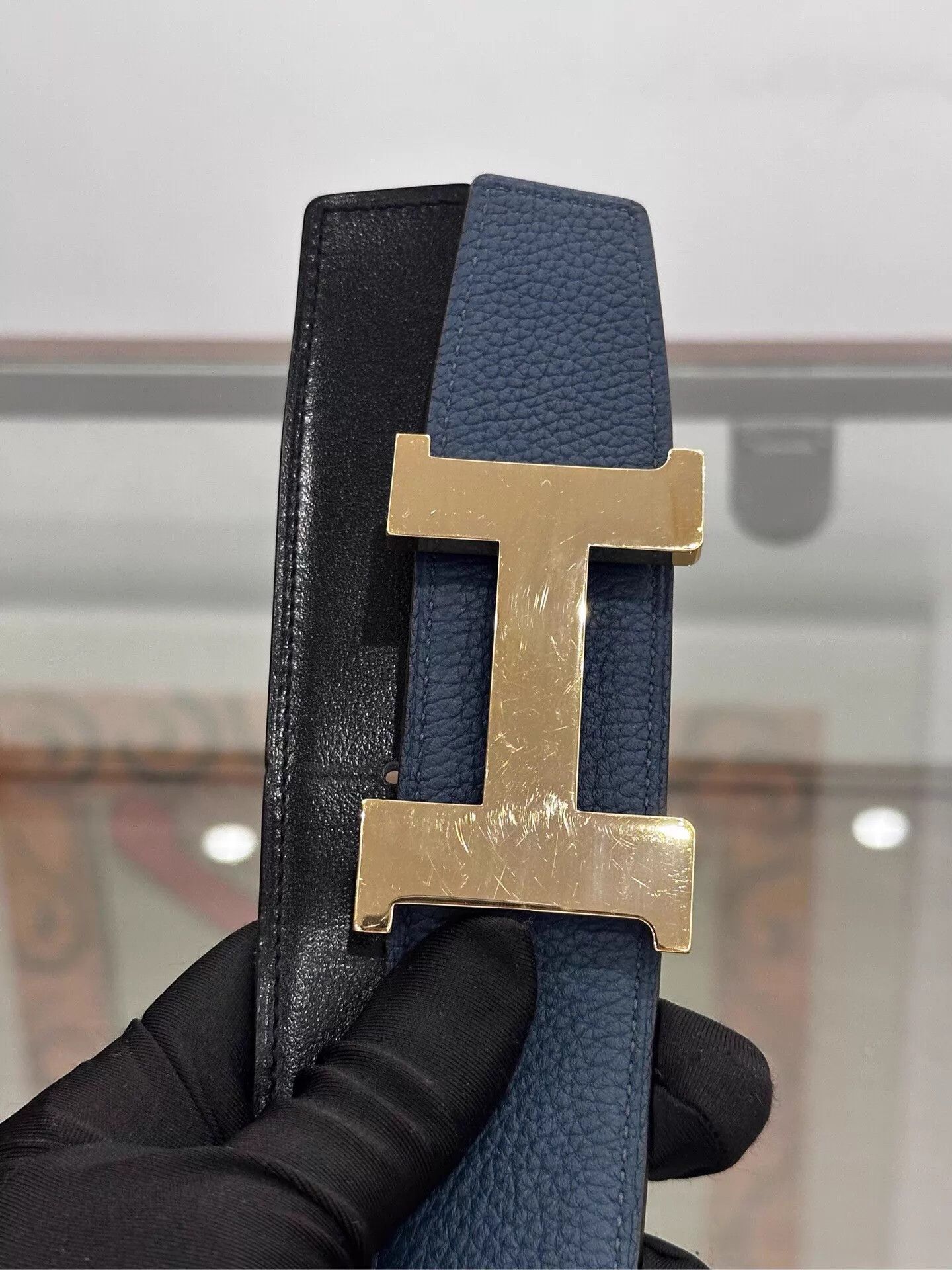 Hermes Hermes 4cm Blue/Black H-Buckle Belt 100cm D 99New Size ONE SIZE - 4 Thumbnail
