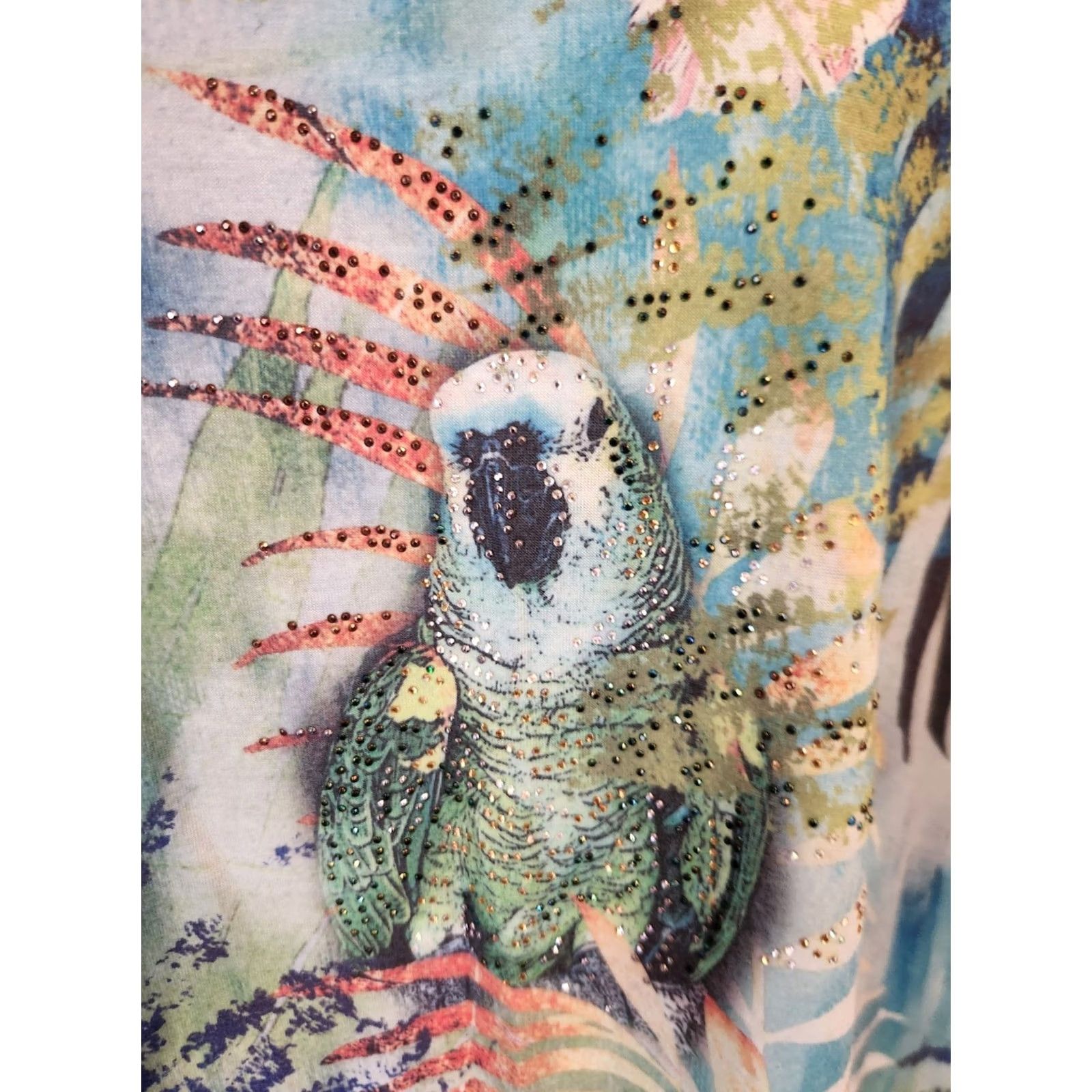 Essentials Essentials Blouse Multicolor Studded Bird Tropical Design Lace Sleeve Casual Top 4X Size XXL / US 16-18 / IT 52-54 - 2 Thumbnail