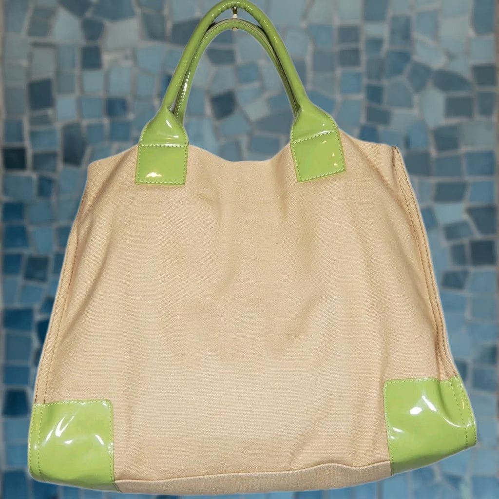 Tory Burch Tory Burch Ella Tote Bag Large Light Beige Canvas Sage Green Patent Leather Expandable Size ONE SIZE - 1 Thumbnail