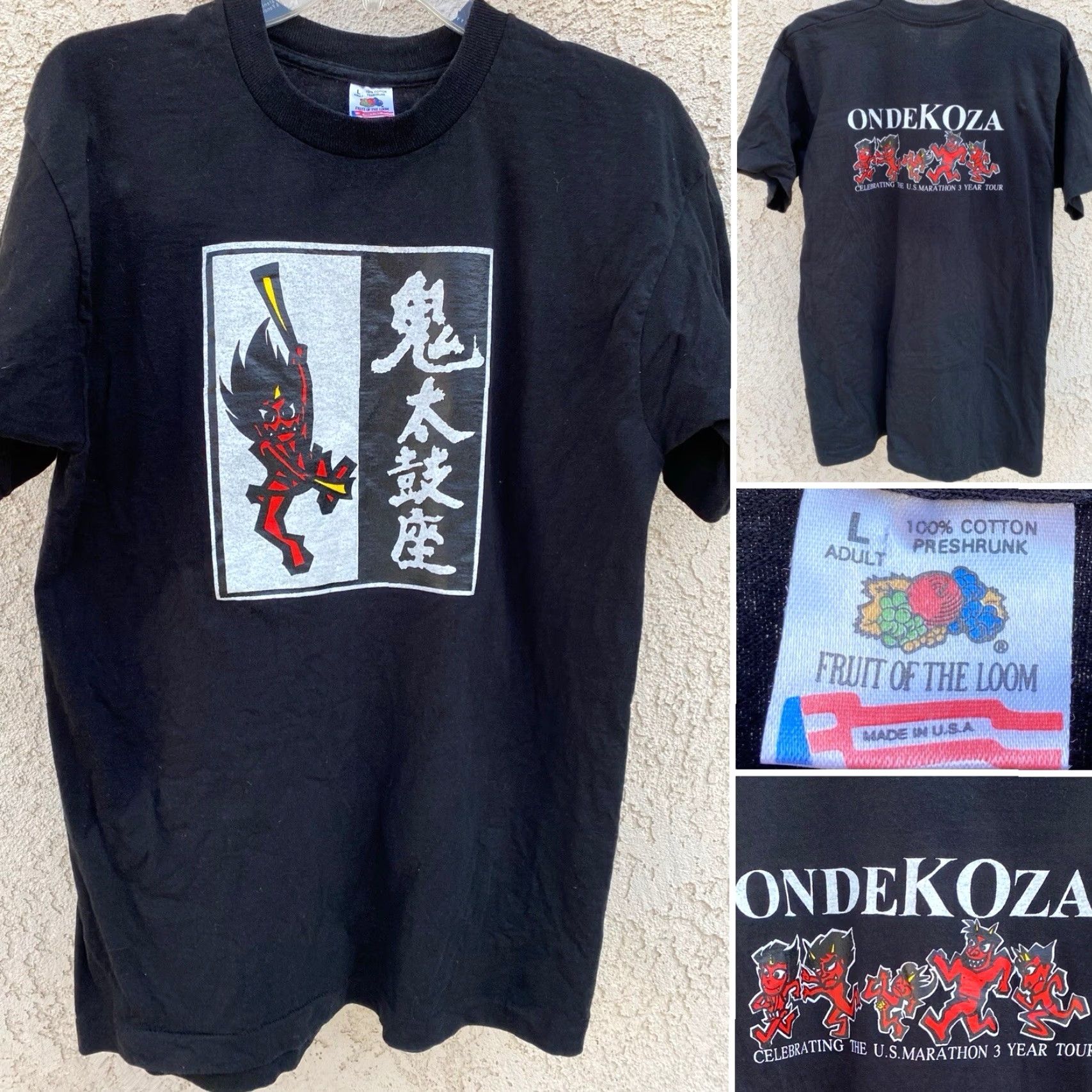 Fruit Of The Loom VINTAGE Fruit Of The Loom T-Shirt Mens L Black Ondekoza Celebrating The US Marathon 3 Year Tour Graphic Print Short Sleeve Size US L / EU 52-54 / 3 - 2 Thumbnail