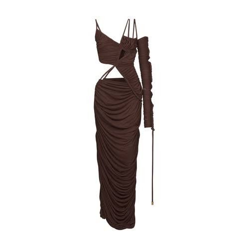 o1srvl11e1123 Asymmetric Jersey Dress in Brown