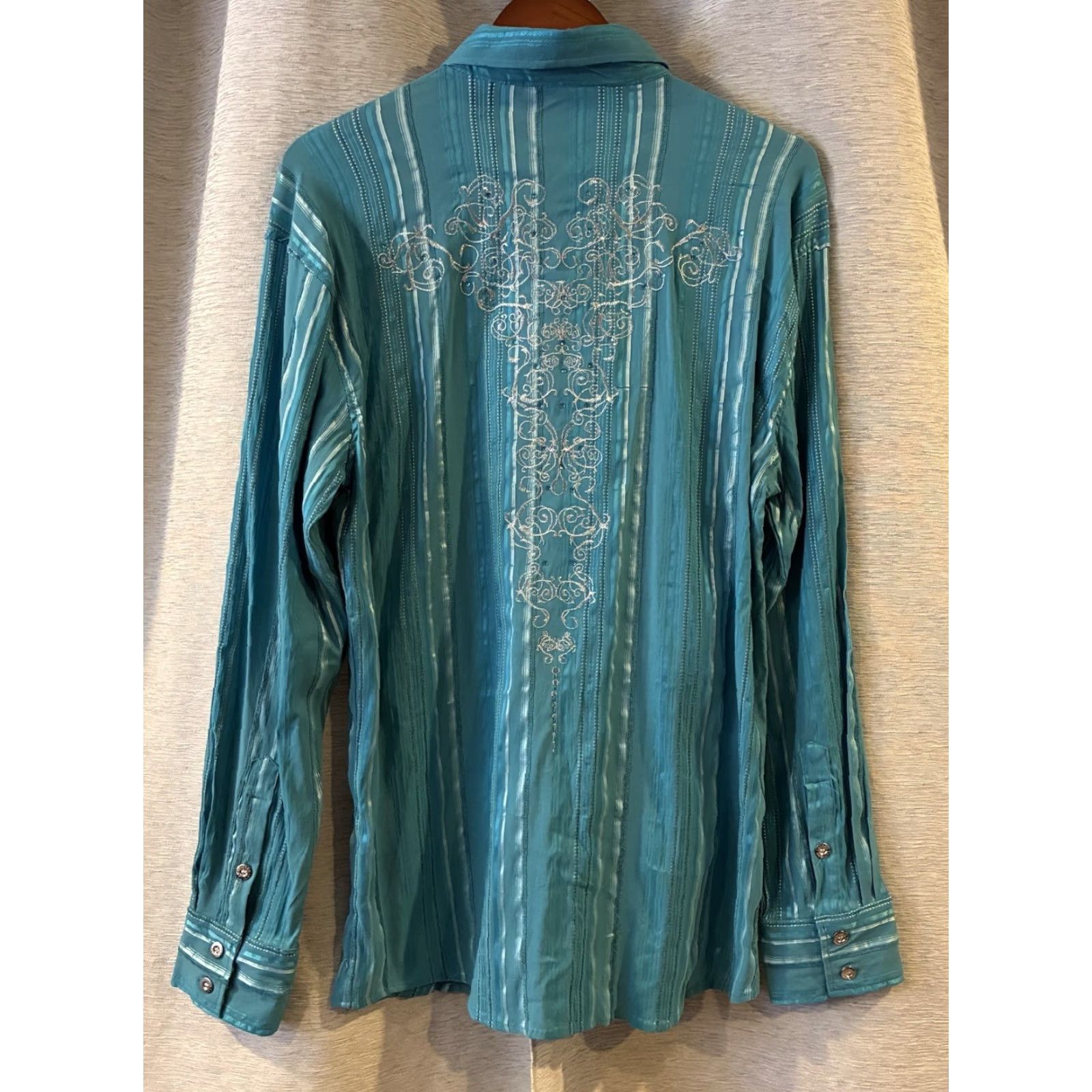 Vintage Lamasini Western Style Shirt L Button-Down Embroidered Men Teal Slim Long Sleeve Button-Up Shirt Size US L / EU 52-54 / 3 - 4 Thumbnail