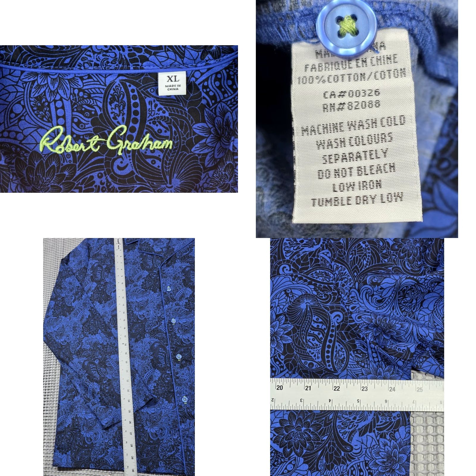 Robert Graham Robert Graham Pajama Top Shirt XL Cotton Button Up Royal Blue & Black Floral AOP Paisley Modern Sleepwear Men Size US XL / EU 56 / 4 - 8 Thumbnail