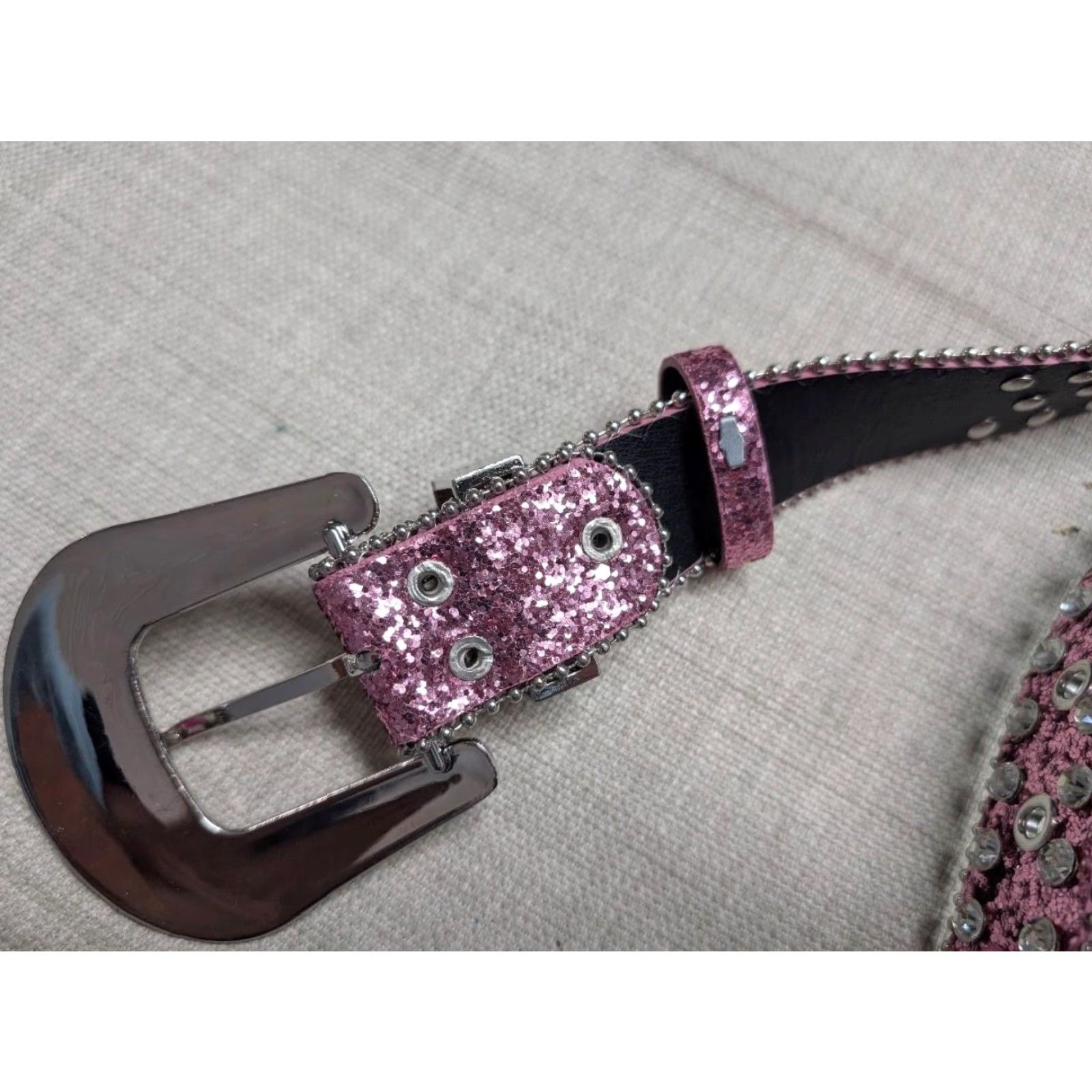 Vintage VINTAGE RHINESTONE STUDDED pink glitter Y2K BUCKLE BELT western 42 belt unisex adults 1-1/2" width pink glitter rhinestone barbie COWBOY Size 42 - 4 Thumbnail
