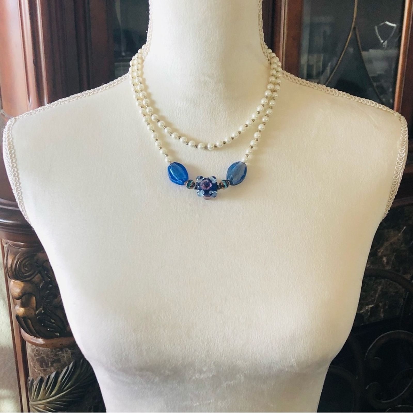 Handmade Handcrafted double strand white Czech Pearl necklace Size ONE SIZE - 4 Thumbnail