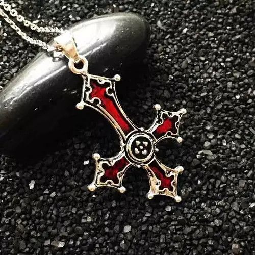 Jewelry Chrome Red Silver Cross Goth God Pendant Necklace Star Demon Size ONE SIZE - 3 Thumbnail