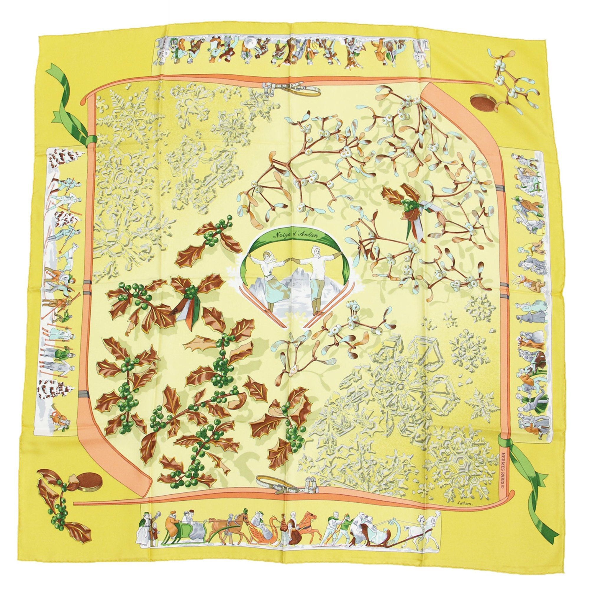 image of Hermes Muffler/scarf Large Silk Yellow Square Print Kare90 Neige Dantan Last Year's Snow Vintage, W