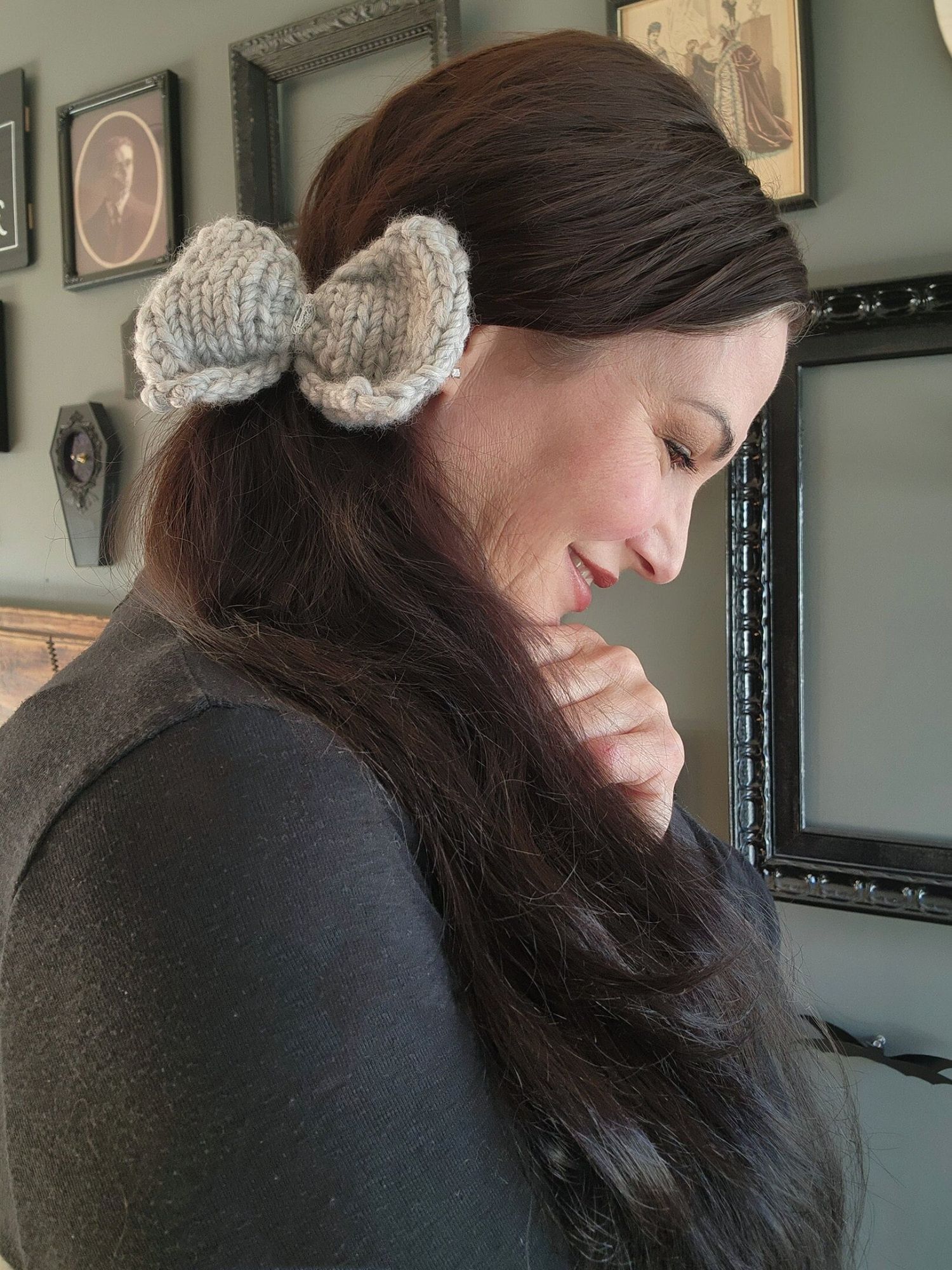 Handmade Hand Knit Hair Bow, Frost Gray Ponytail Holder or Hair Band, Size ONE SIZE - 1 Thumbnail