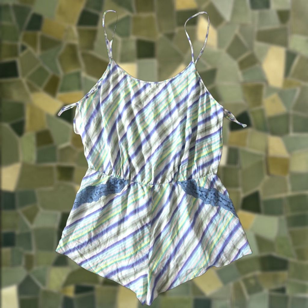 Vintage NWT Victoria's Secret Romper Shirt Lingerie Purple Green Stripe 100% Rayon Women L Size 36" / US 14 / IT 50 - 1 Thumbnail