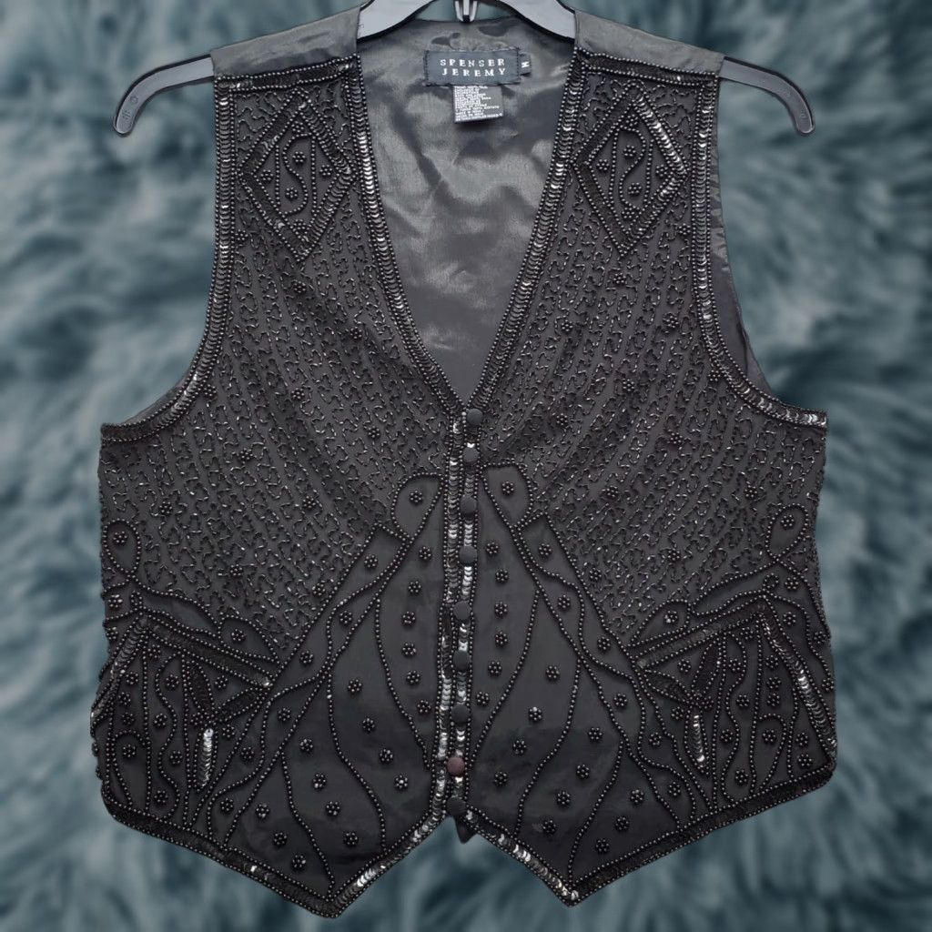 Vintage Spenser Jeremy Formal Vest Womens Size M Black Silk Beaded Sequin Button Front Size M / US 6-8 / IT 42-44 - 1 Thumbnail