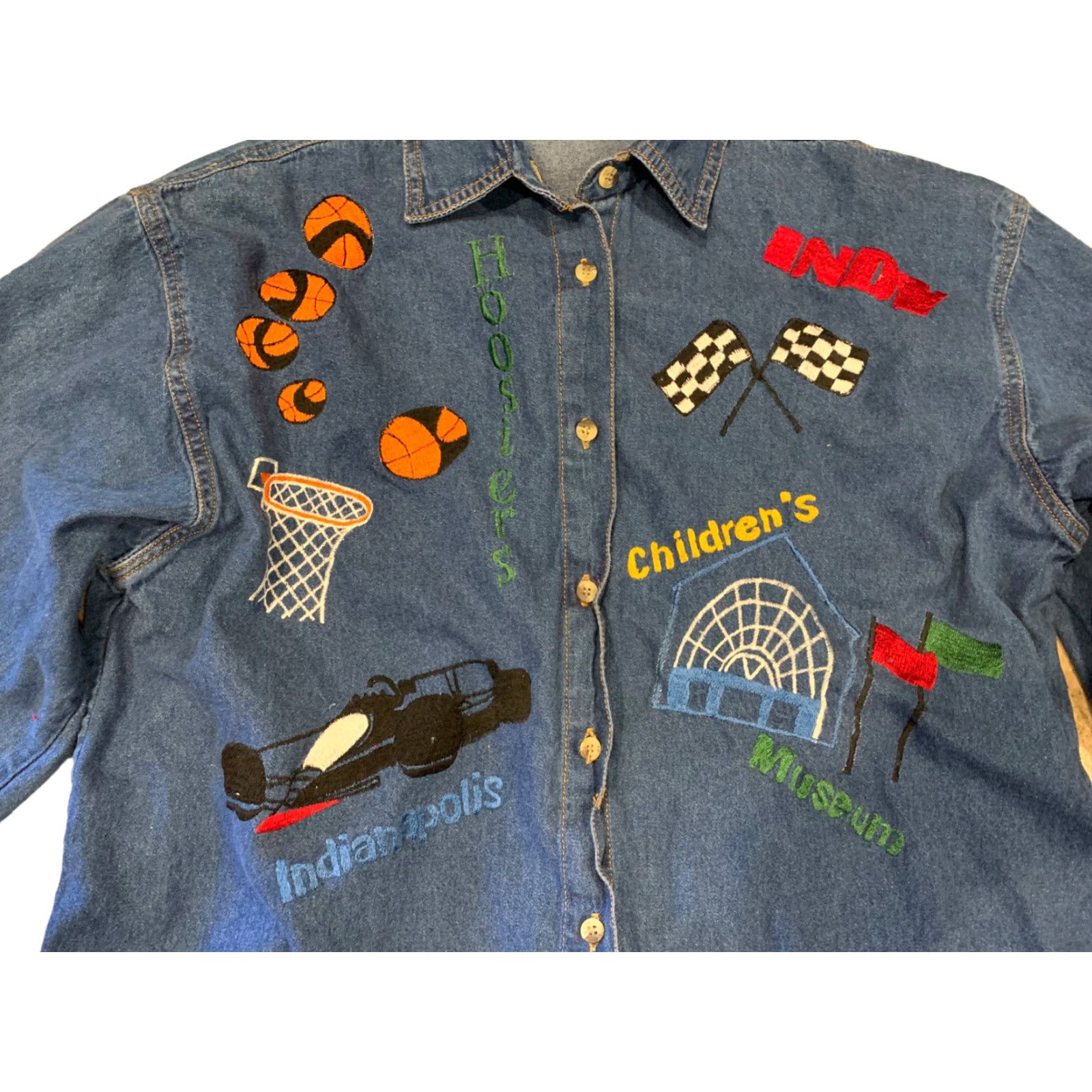 Denime VINTAGE Hoosier’s Embroidered Denim Shirt Button Down Large Shirt Blue 1990s Country Mens Size L / US 10 / IT 46 - 3 Thumbnail