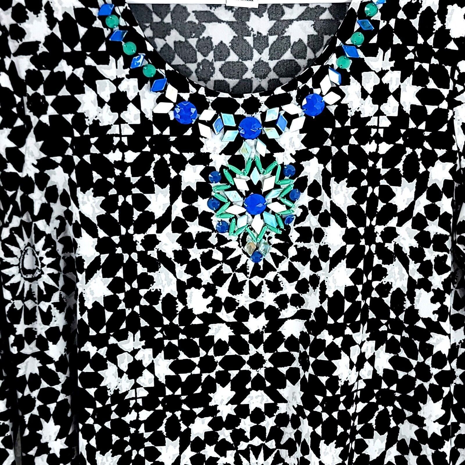 Vintage Ruby Rd. Petite PM Black White Floral Blouse W/ Blue Stones Size M / US 6-8 / IT 42-44 - 2 Thumbnail