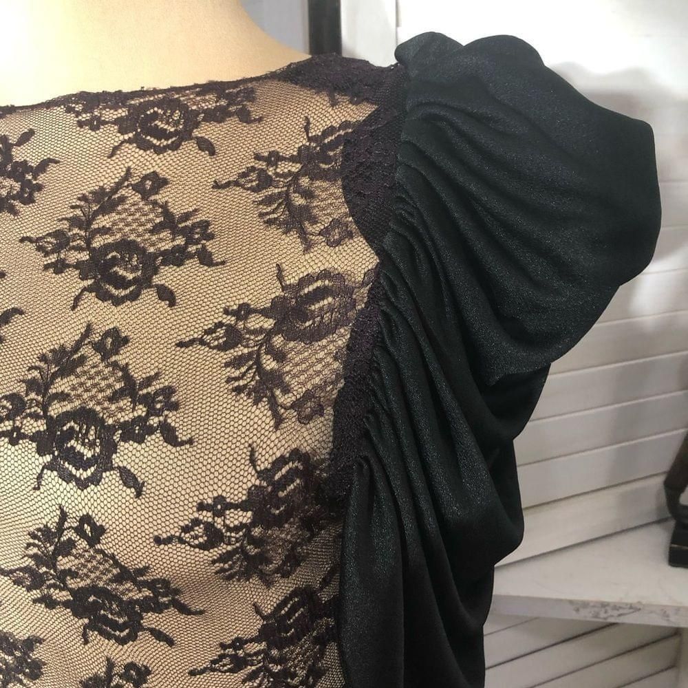 Vintage 80s black sheer lace puffed sleeves peplum cocktail dress S Size M / US 6-8 / IT 42-44 - 3 Thumbnail