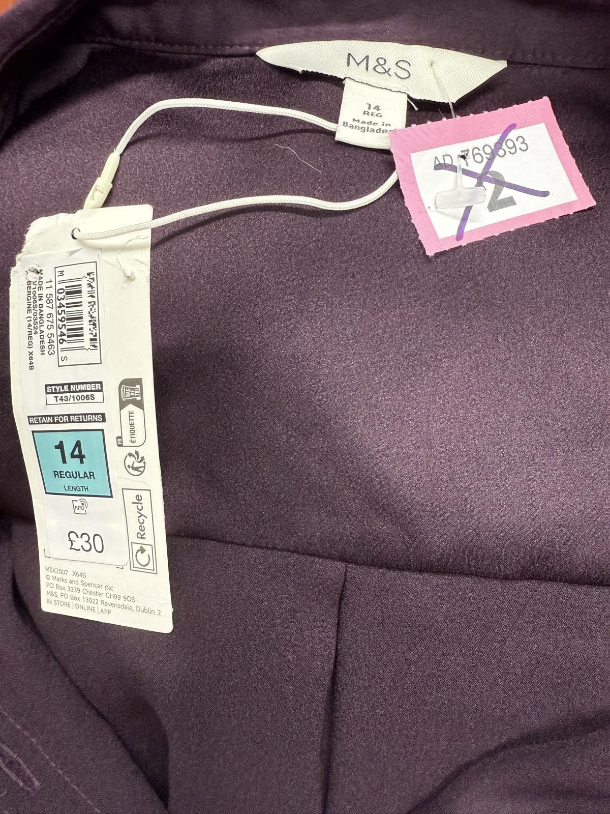 M.E. Sport M&S Purple Satin Button-Up Shirt Size 14 Regular Size L / US 10 / IT 46 - 2 Thumbnail