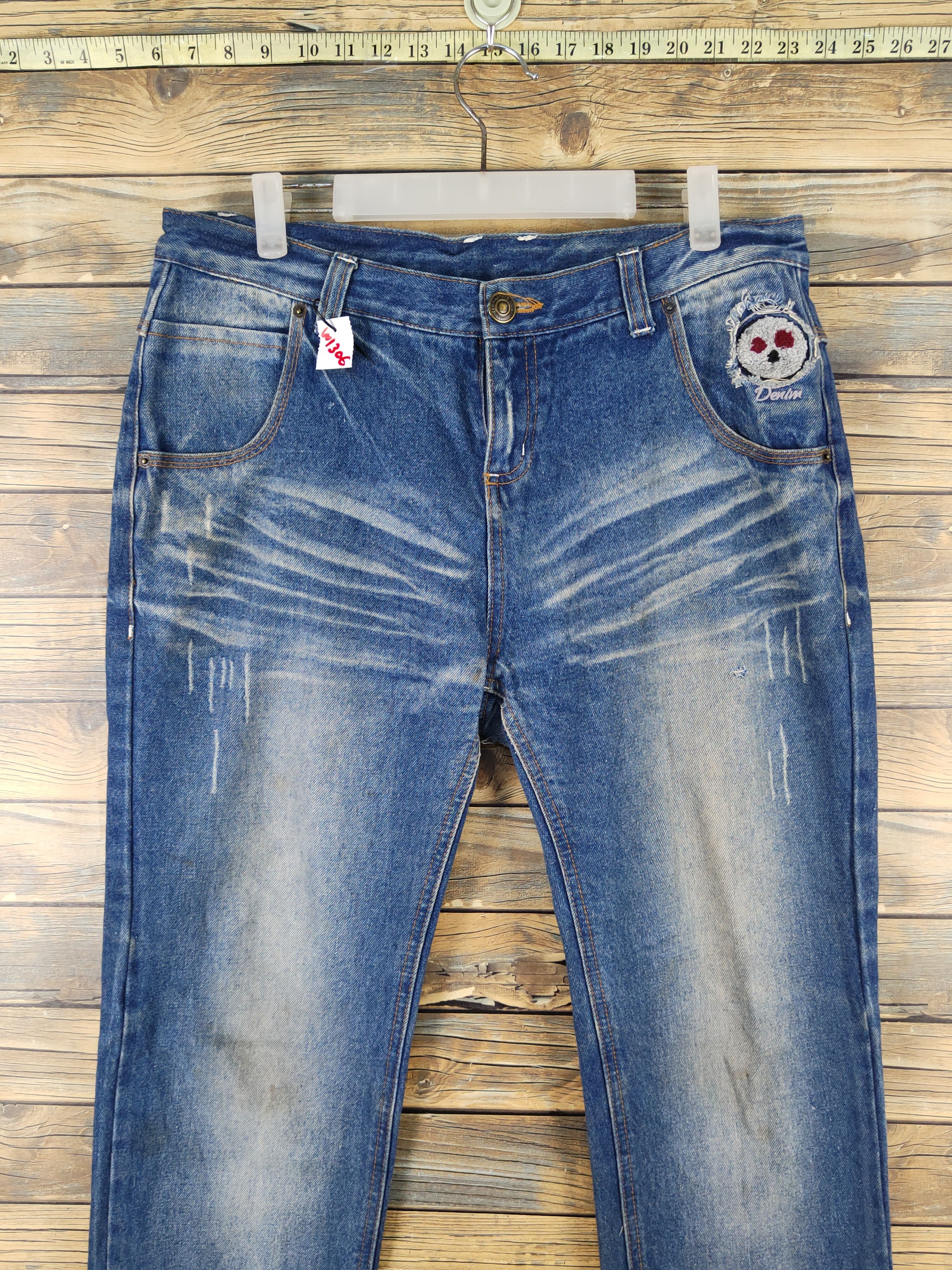 Japanese Brand Japan skull Blue Distressed Ripped denim Jeans #W1306 Size 33" - 2 Thumbnail