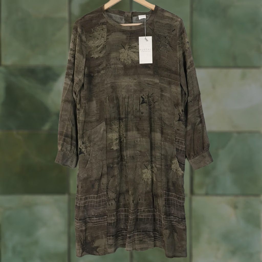 Vintage Poetry Dress Womens 8 Green Brown Silk Trapeze Swing Pockets Leaf Print Size M / US 6-8 / IT 42-44 - 1 Thumbnail