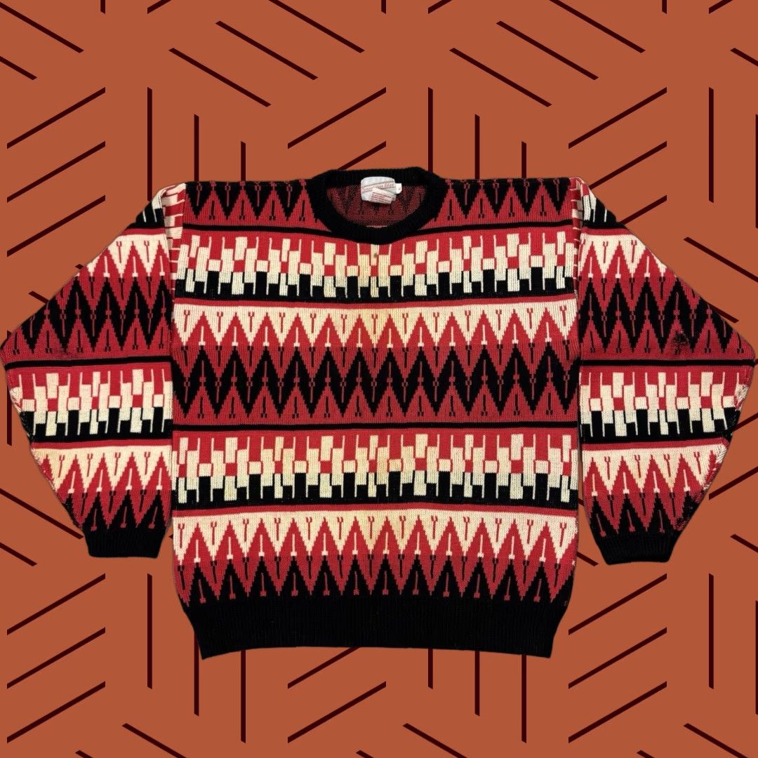 Neiman Marcus VINTAGE 80s Neiman Marcus Wool Sweater XL Red Geometric Abstract Pattern Western Classic Pullover Mens Size US XL / EU 56 / 4 - 1 Thumbnail