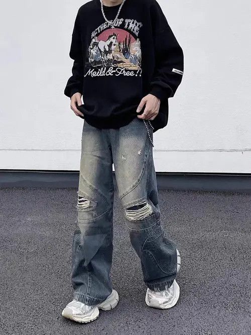 Jean Retro high street ripped patchwork wide leg straight jeans Size US 30 / EU 46 - 8 Thumbnail