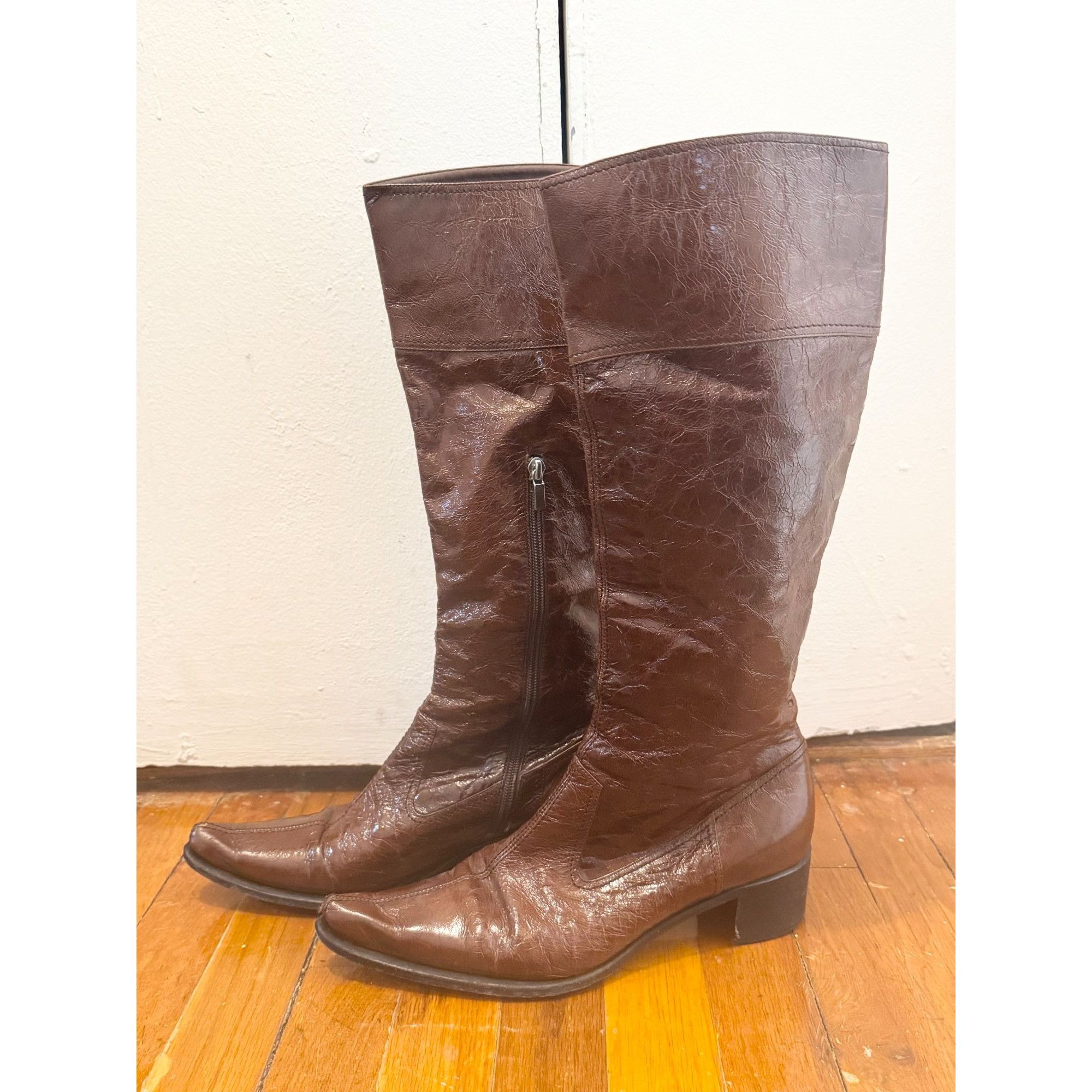 Vintage Vero Cuoio Women's Brown Patent Leather Side Zip Knee High B Size US 10 / IT 40 - 4 Thumbnail