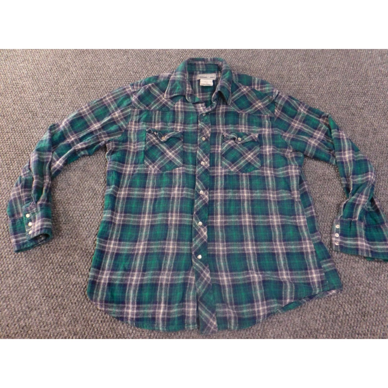 Wrangler wrangler shirt mens large pearl snap green plaid cowboy flannel wrancher button-up long sleeve cotton blue Size US L / EU 52-54 / 3 - 6 Thumbnail
