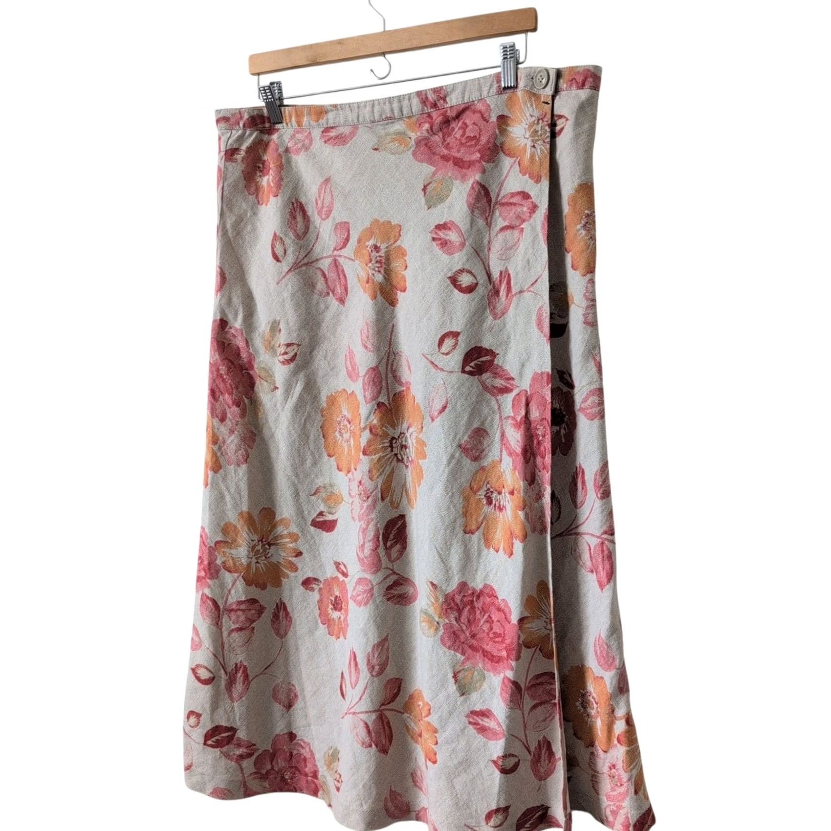 Eddie Bauer VINTAGE Eddie Bauer Skirt Wrap Midi Womens 16 Tan Floral 90s Linen Beige Pink Size 38" / US 16 / IT 52 - 2 Thumbnail