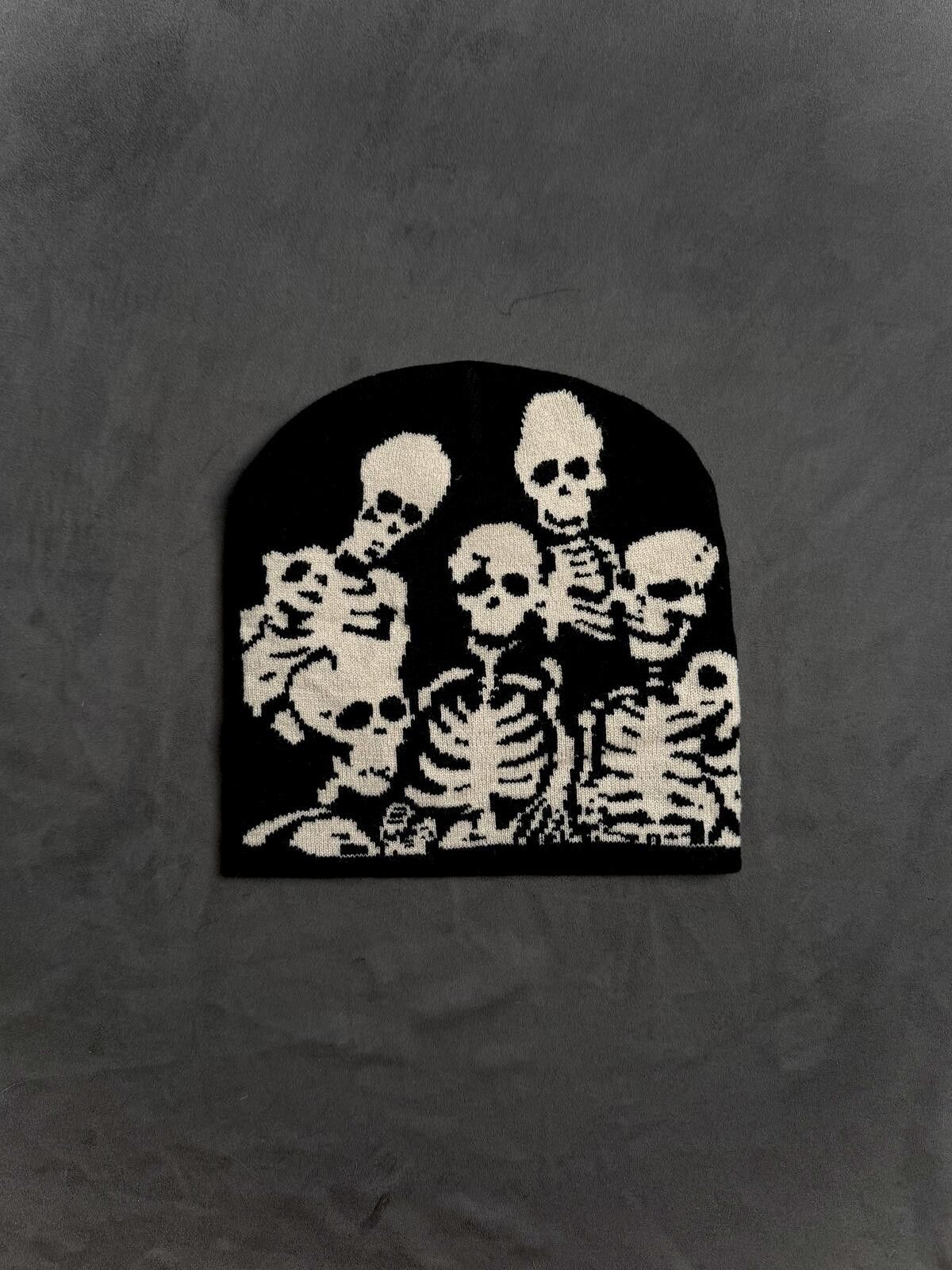 Japanese Brand Y2k Skeleton Graphic design No Cuff Knit Black Beanie Size ONE SIZE - 1 Thumbnail