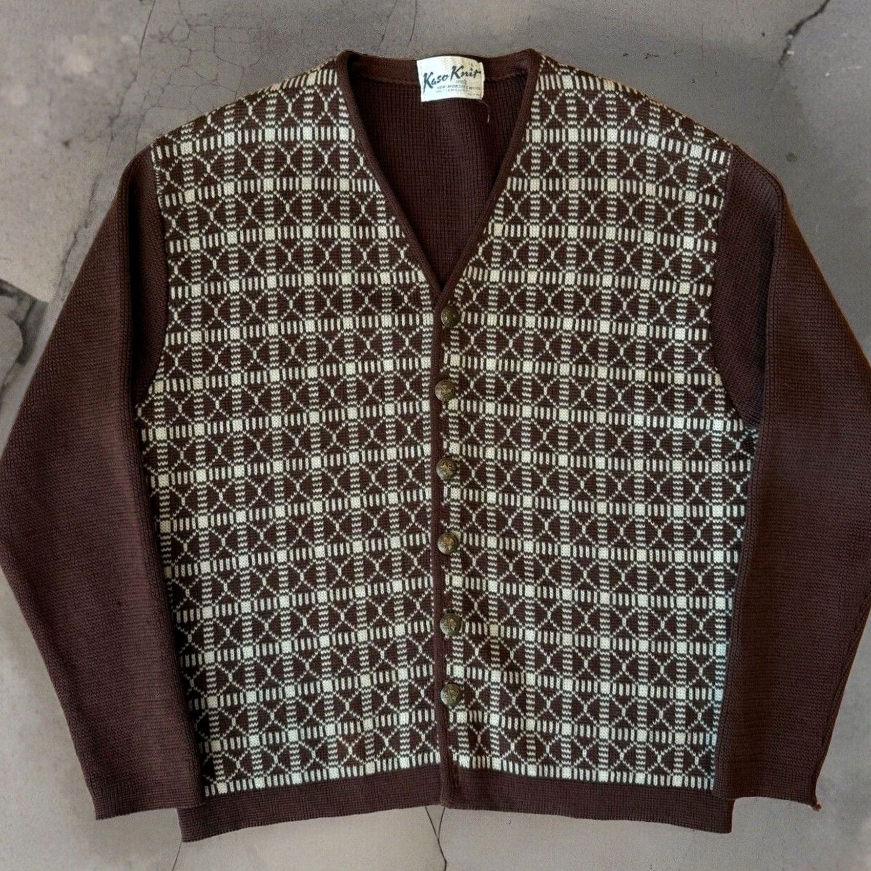 Vintage VINTAGE Kaso Knit Cardigan Women's L Brown Argyle Worsted Wool 70s Glam Cardigan Kimono Sleeve V-Neck Knit Wool All Seasons Classic Jacket, 1-Size? Size L / US 10 / IT 46 - 2 Thumbnail