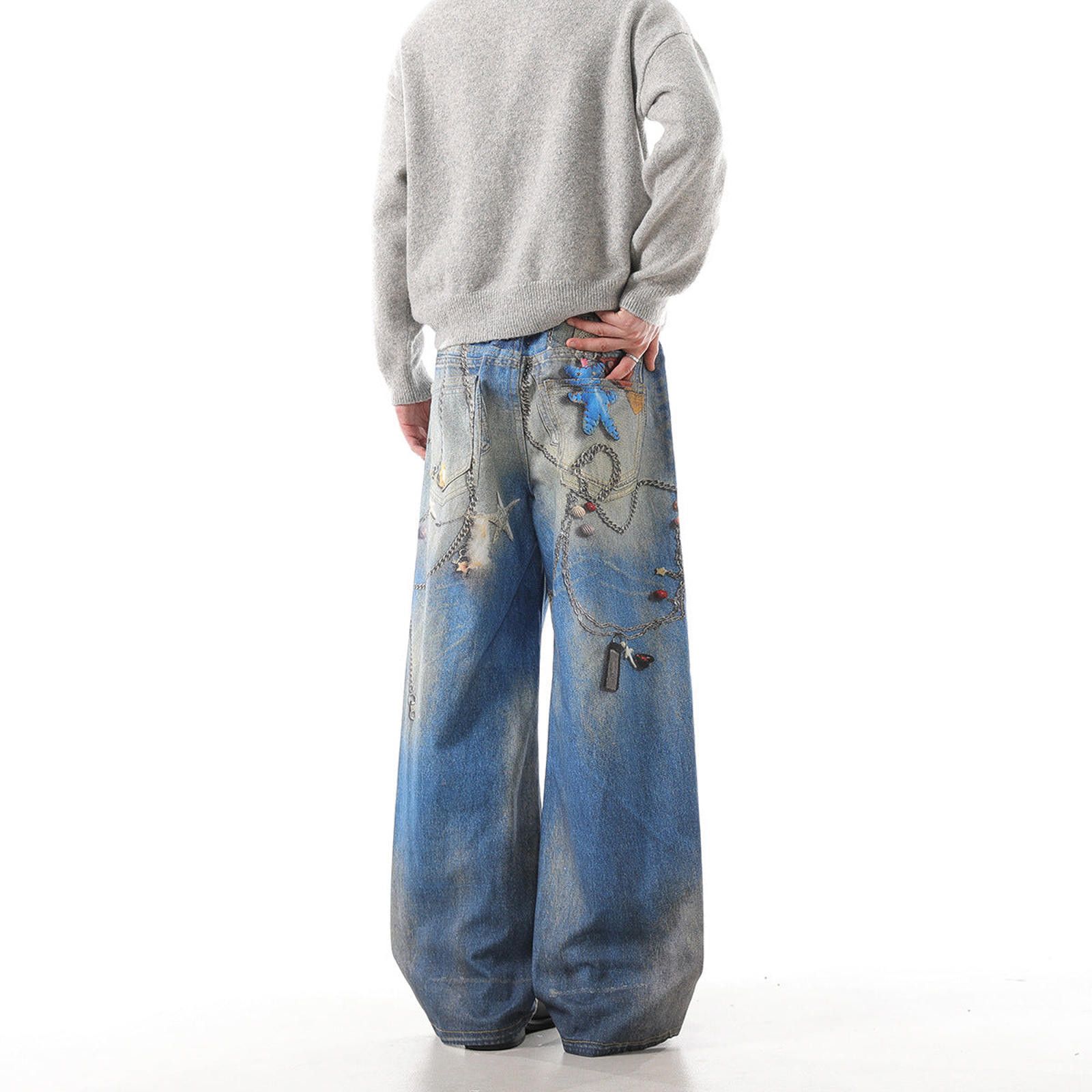Japanese Brand Blue Distressed Wide Leg Denim Jeans, Baggy Fit Jeans Size US 32 / EU 48 - 5 Thumbnail