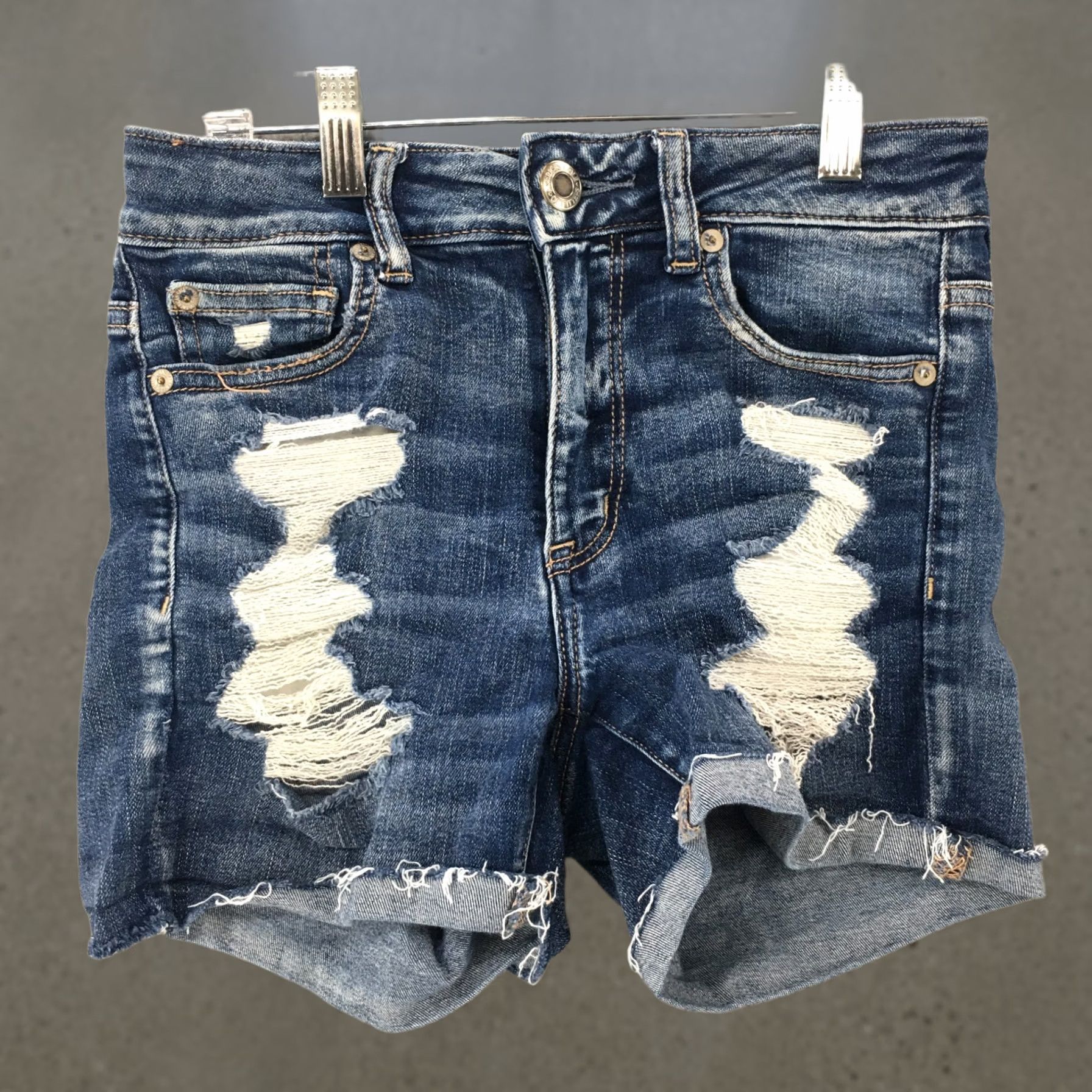 American Eagle Outfitters American Eagle Outfitters Next Level Stretch Distressed Cut Off Short Womens 2 Blue Denim Color Blue 5-Pocket Design Regular Juniors? Size 26" / US 2 / IT 38 - 1 Thumbnail