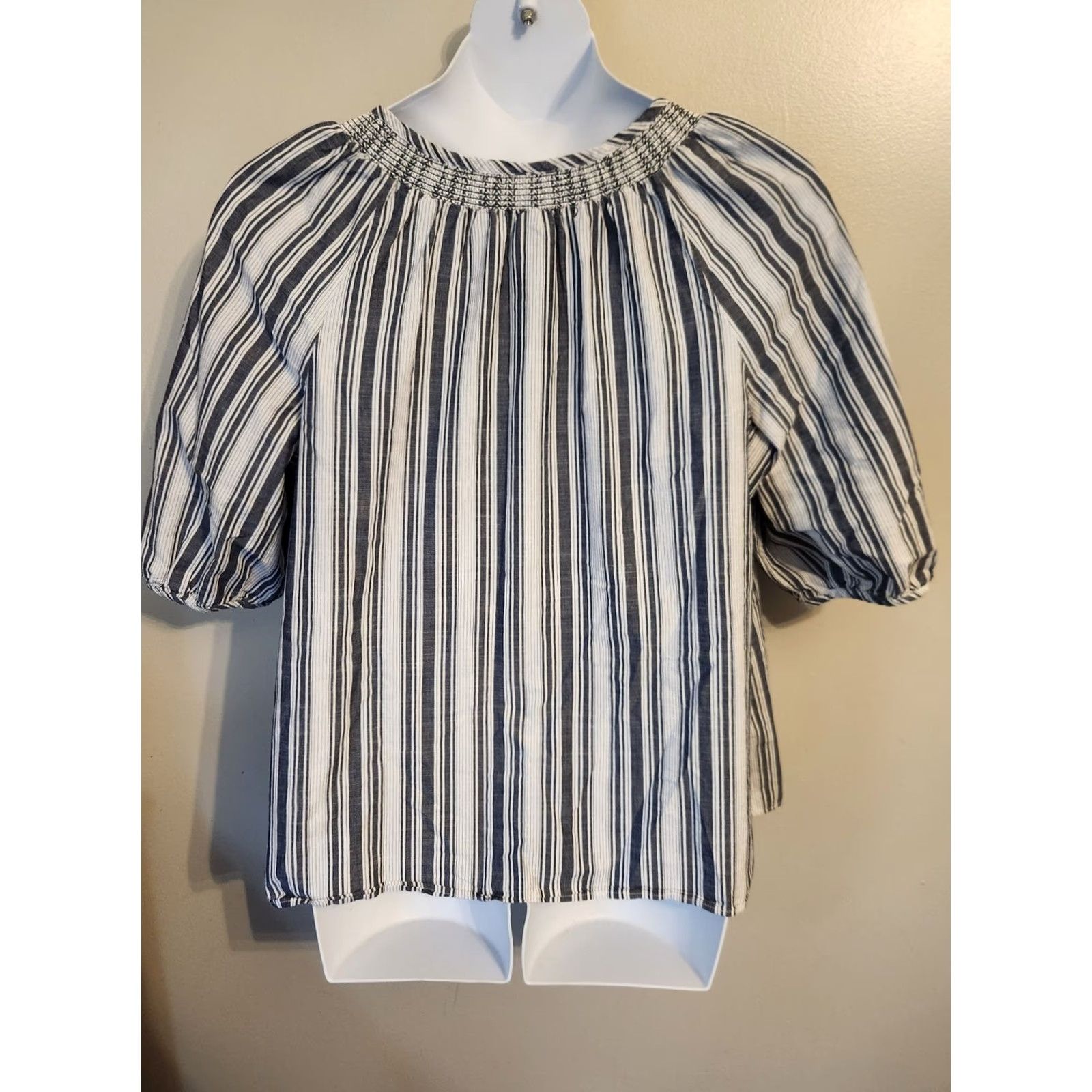 Vintage Catherines Blue White Stripe Embroidered Trim Balloon Sleeve Top Boho Hippie 0X Womens Blouse Size XL / US 12-14 / IT 48-50 - 6 Thumbnail