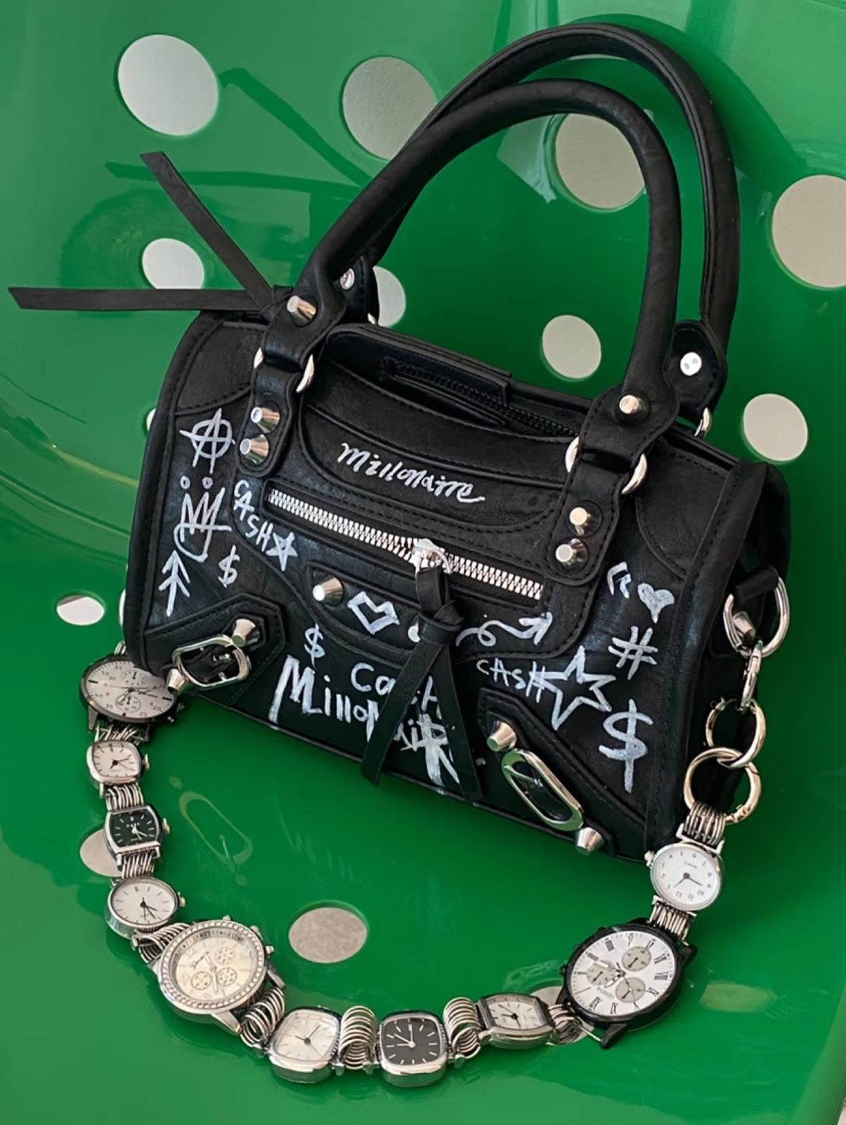 Graffiti Boston Bag  Large Pillow Tote, Dial Detail in Black, Women's
