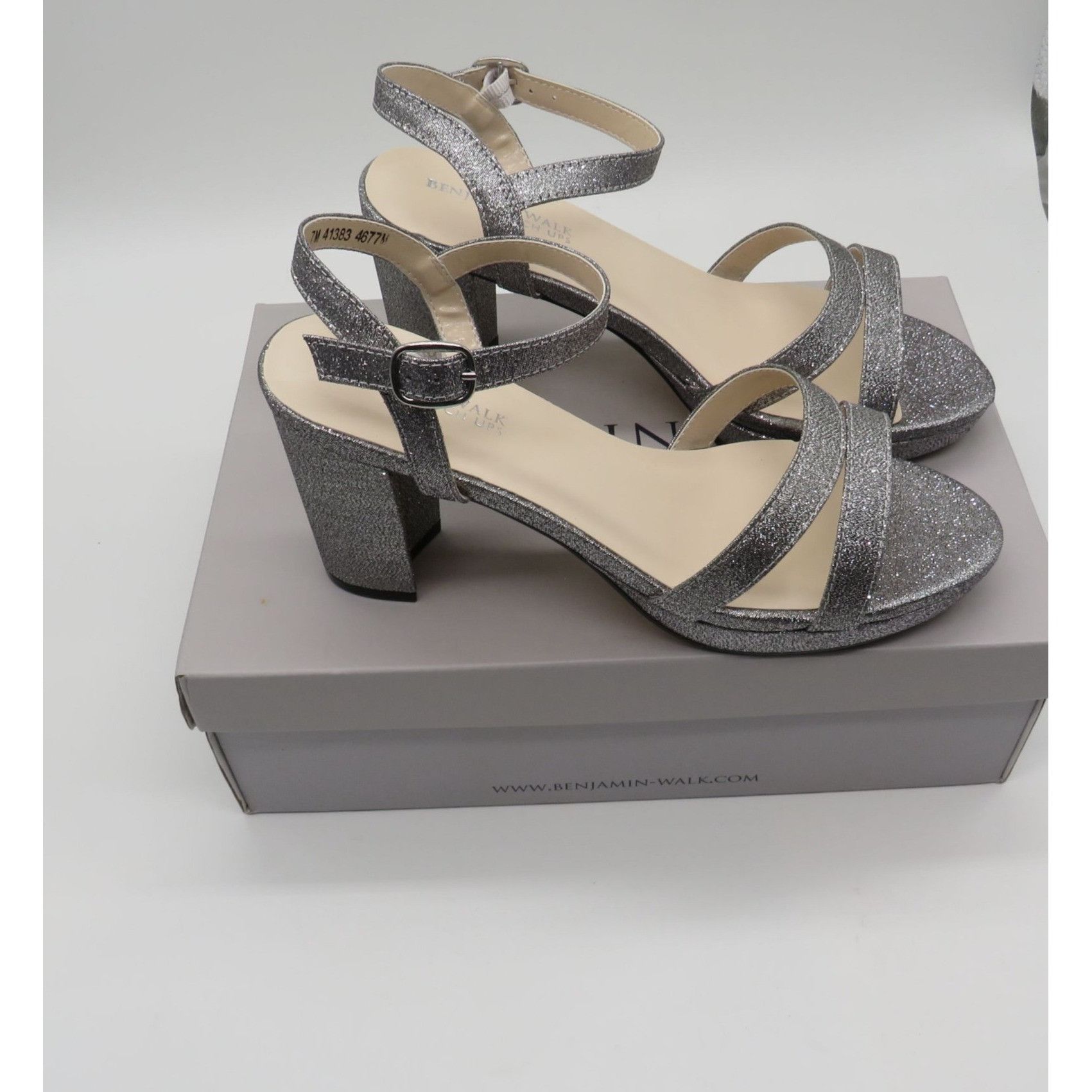 Other Benjamin Walk Silver Glitter Block Heel Sandals Ankle Strap Size US 7 / IT 37 - 1 Thumbnail