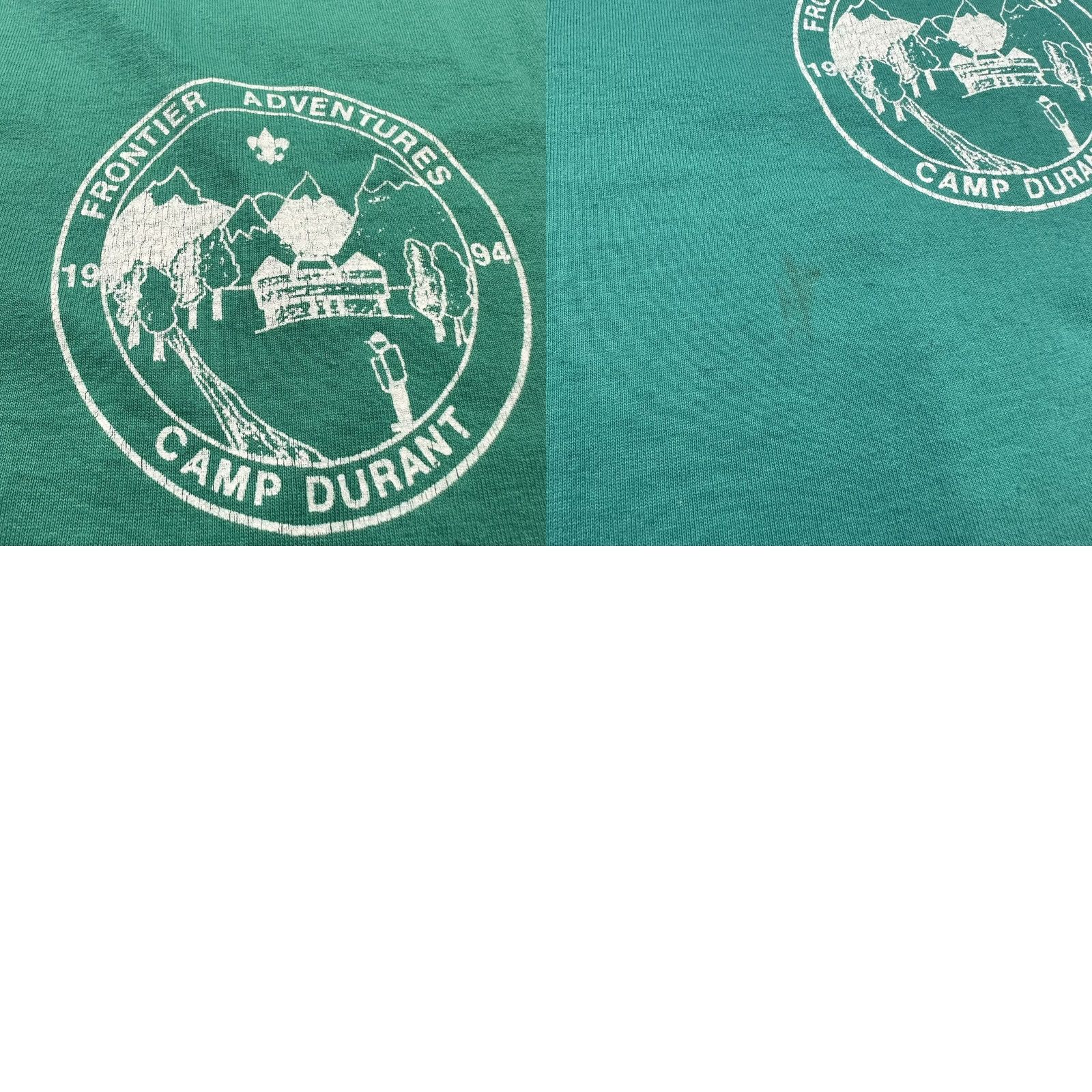 Fruit Of The Loom VINTAGE 1990s Grunge Single Stitch T Shirt Camp Durant Staff Shirt 1994 USA Green Mens L Shirt Size US L / EU 52-54 / 3 - 9 Thumbnail