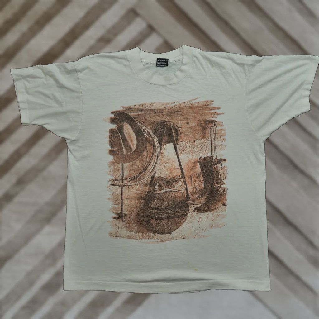 Fruit Of The Loom VINTAGE Cowboy T Shirt Mens Large White Western Lasso Boots Art Picture 90s Fruit of the Loom Shirt Size US L / EU 52-54 / 3 - 1 Thumbnail
