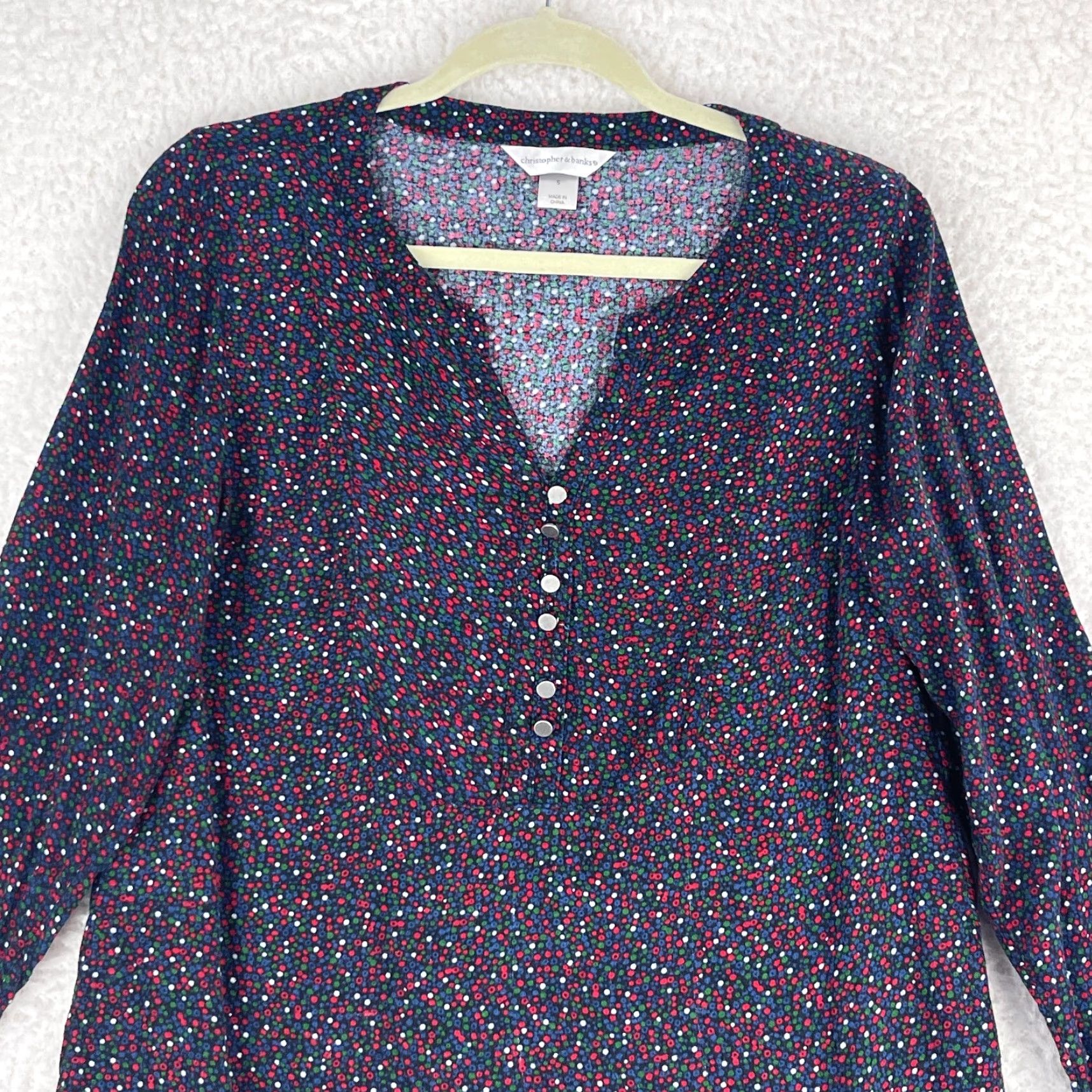 Vintage Christopher & Banks Top Womens Small Blue Dot Print Long Sleeve V-Neck Shirt Size S / US 4 / IT 40 - 2 Thumbnail