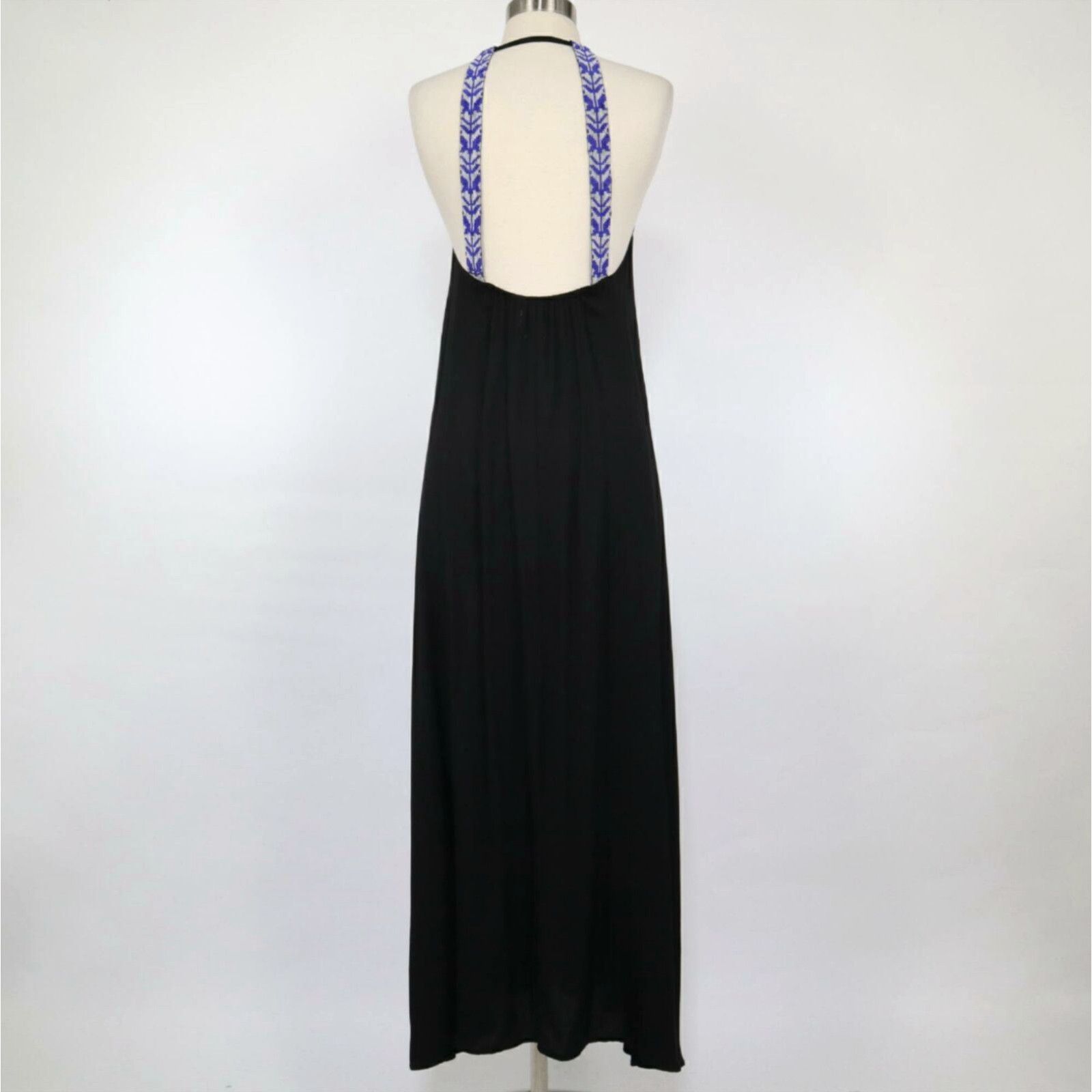 image of Vintage Tularosa Maxi Dress Womens Xs Black Open Back Beaded Strap Blue White Ella